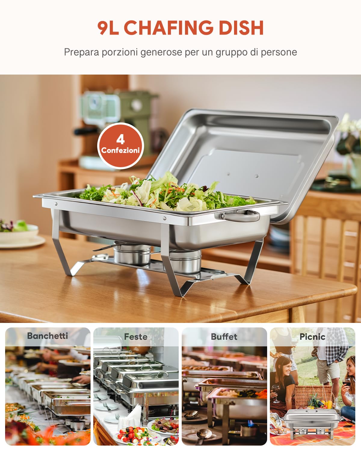 Wilprep 9L Chafing Dish Buffet Scaldavivande in Acciaio Inox con Contenitore e Vassoio di Riscaldamento, Pentole per Servire Buffet, Catering e Feste (Set da 4 Pezzi)
