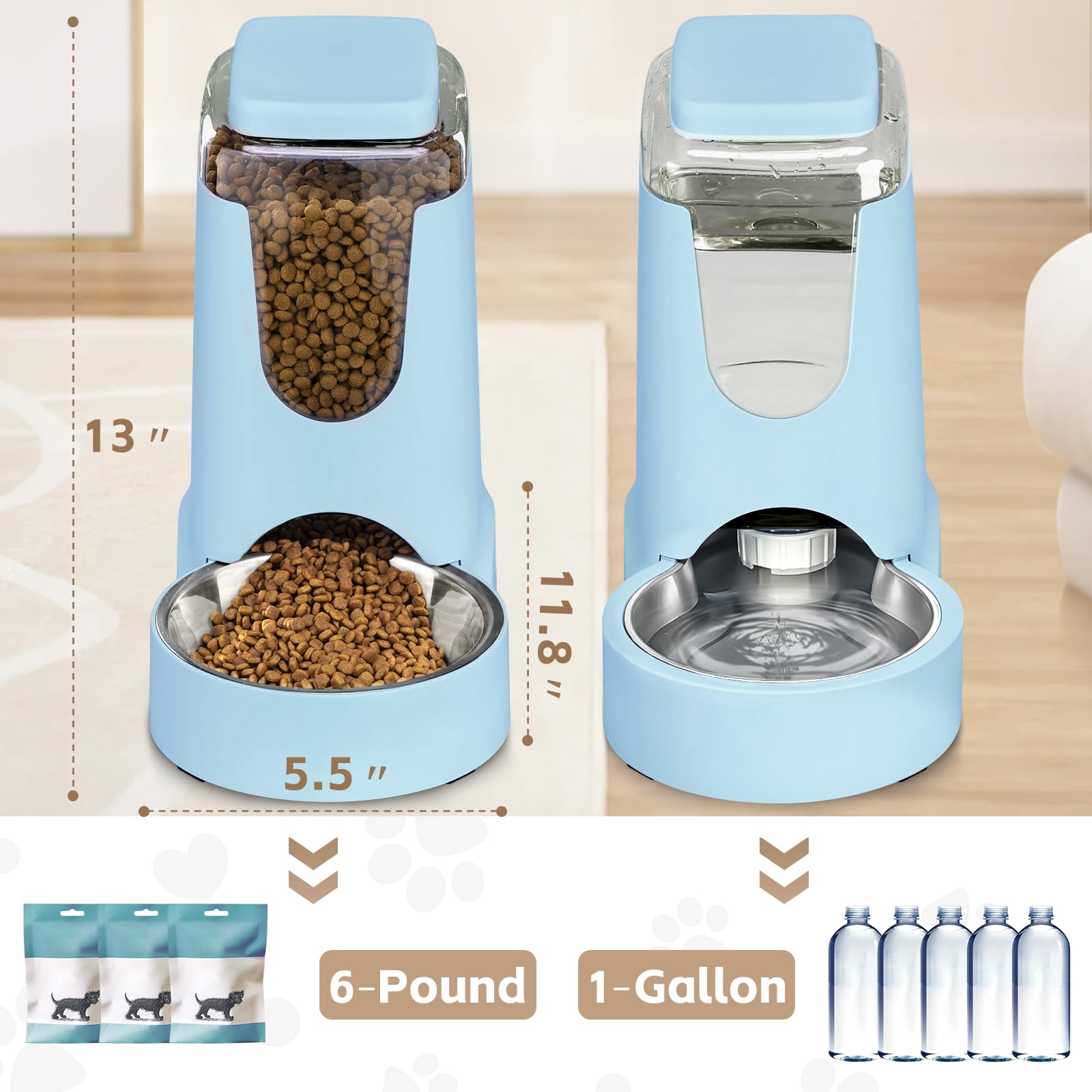 Comedero automático para gatos y dispensador de agua con cuenco de acero inoxidable, comedero de alimentos por gravedad para perros y bebederos para mascotas pequeñas y medianas, cachorros, gatitos, 1