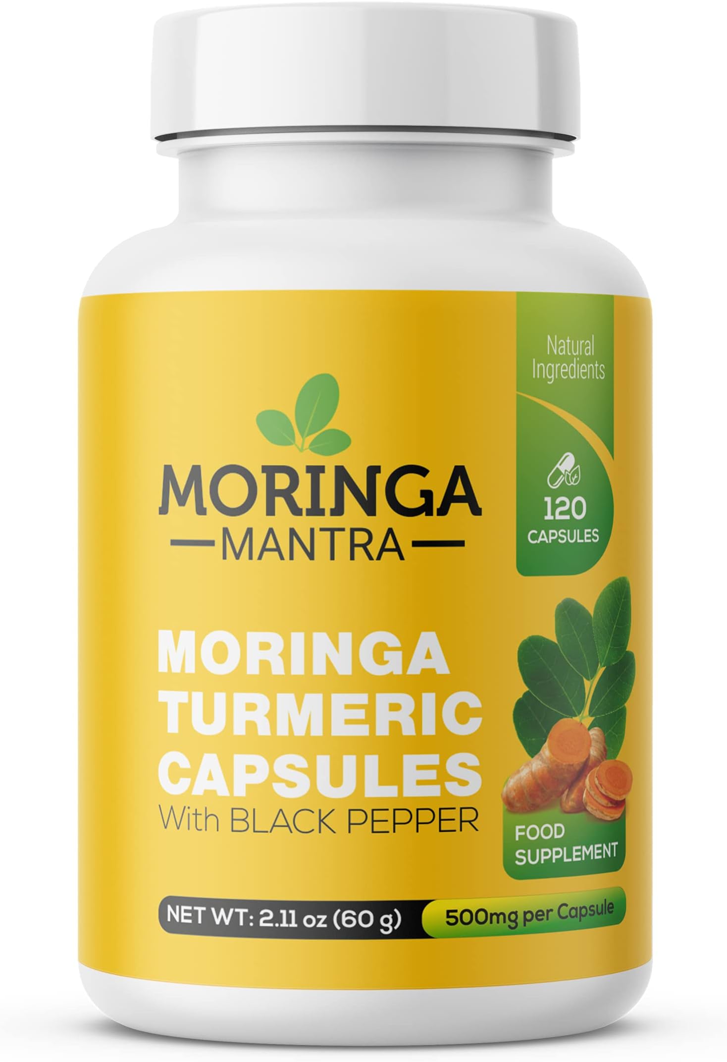 Moringa Oleifera Capsules 120 Count – Enhanced with Turmeric Root & Black Pepper – Vegan, Non-GMO – Supports Immunity, Energy & Overall Health