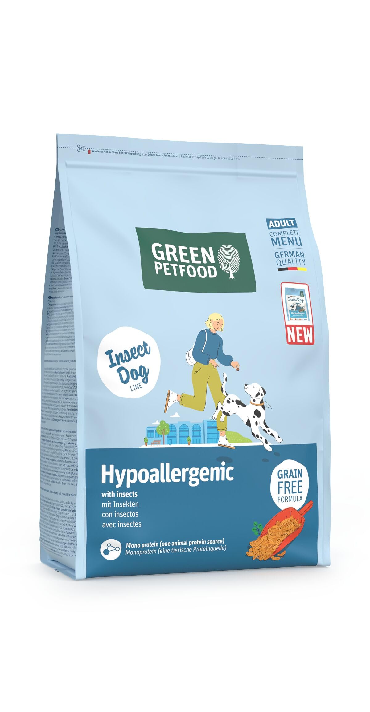Green Petfood InsectDog hipoalergiczna karma z owadami (1 x 3 kg), dla dorosłych, sucha karma premium dla dorosłych psów alergicznych, bez zbóż, trwała karma dla psów, niemiecka jakość, 1 opakowanie