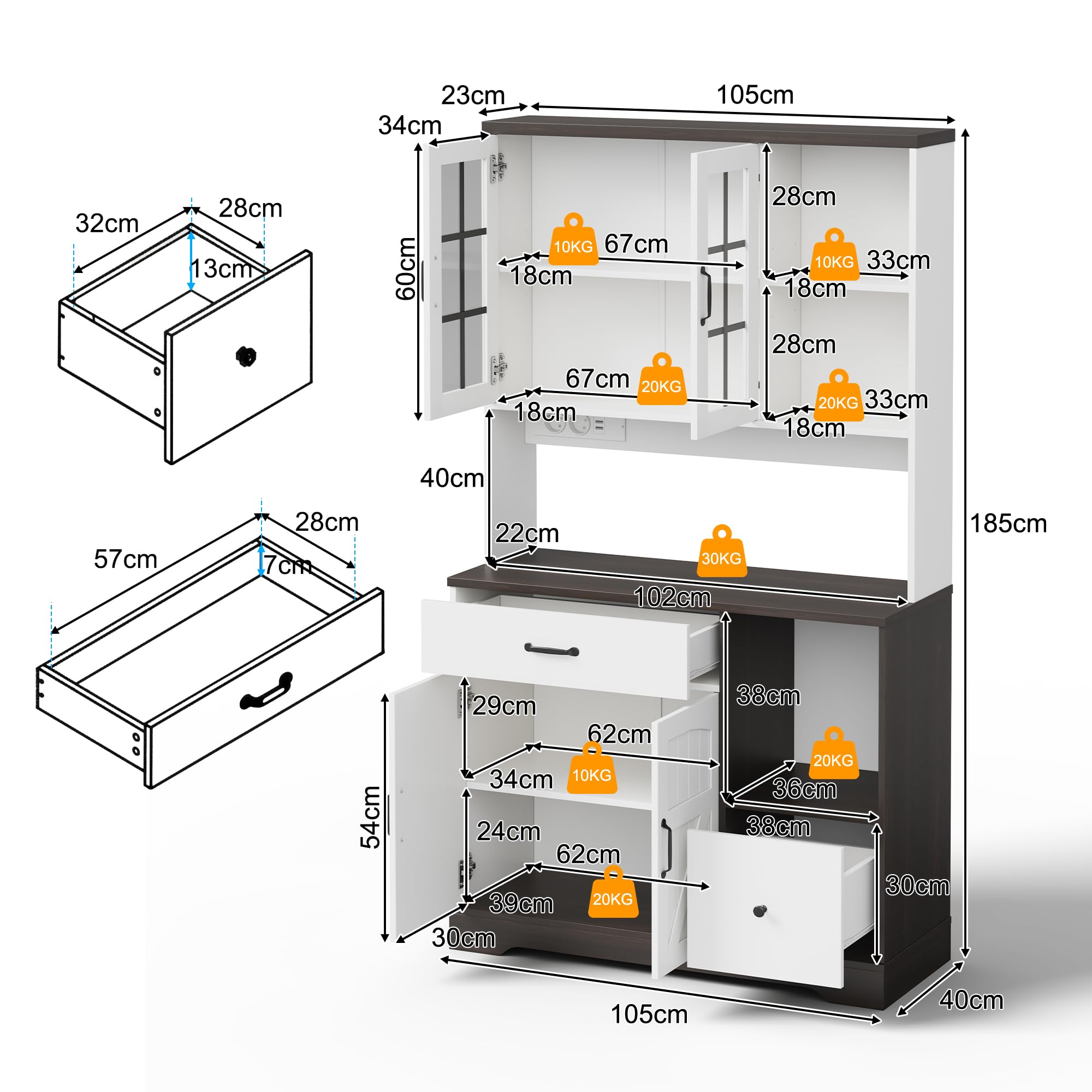 Credenza fienile nero e bianco 185 cm con LED e prese