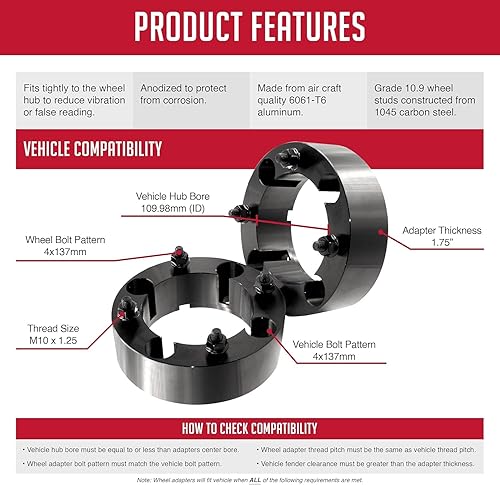 Miniatura 4 de Wheel Accessories Parts 2 espaciadores de rueda ATV UTV 4 en 5.394 in 0.157x5.394 in 1.75 pulgadas de grosor 4.331 in Hub M10 1.25 10x1.25 rosca