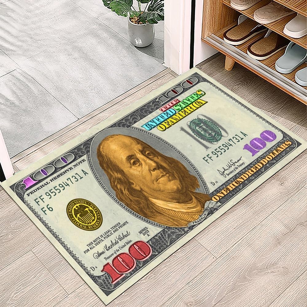 GUBIYU Beige Gold Dollar Bill Rug - 100 Dollar Bill Rug - Funny Money Bathroom Bedroom Runner - 24"x36" Washable Indoor/Outdoor Mat
