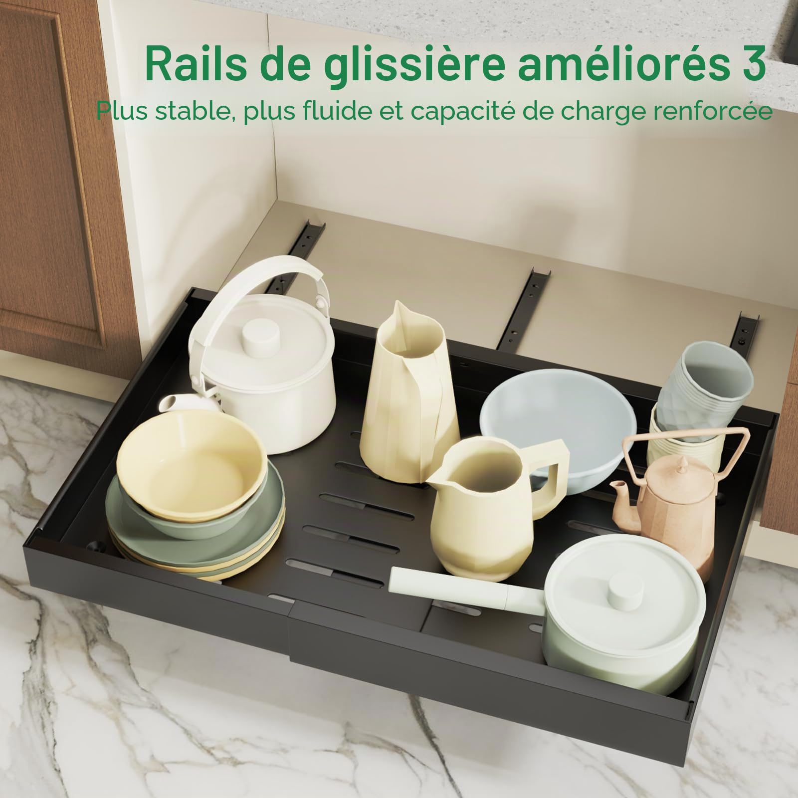 Tiroir Coulissant Cuisine Adhésif, Lot de 2 Tiroir Télescopique Extensible, Plateau Coulissant à Largeur Réglable (32-52 cm L x 42 cm P x 7.5 cm H), Sans Perçage, Noir