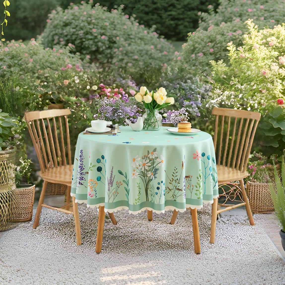 Round Tablecloth 60 Inch Floral Table Cloth Scalloped Edge Silky Light Fabric Waterproof Wrinkle Free Washable Table Cover for Kitchen Dinning Outdoor Birthday Patio Christmas Decor (Sage Green)