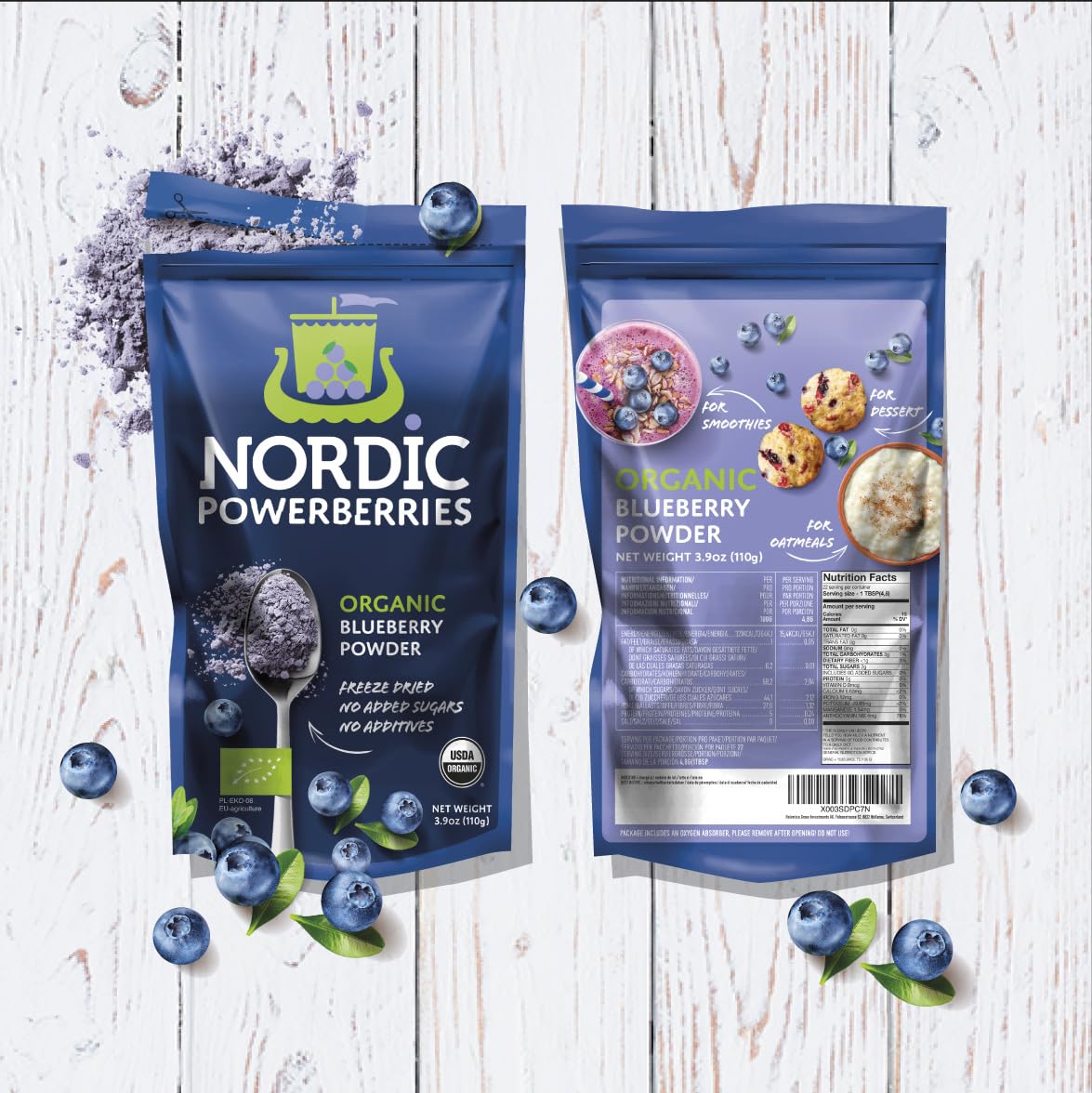 Polvo de arándanos silvestres orgánicos nórdicos - Polvo de arándanos liofilizados perfecto para batidos, desayunos, yogures y más, 110g