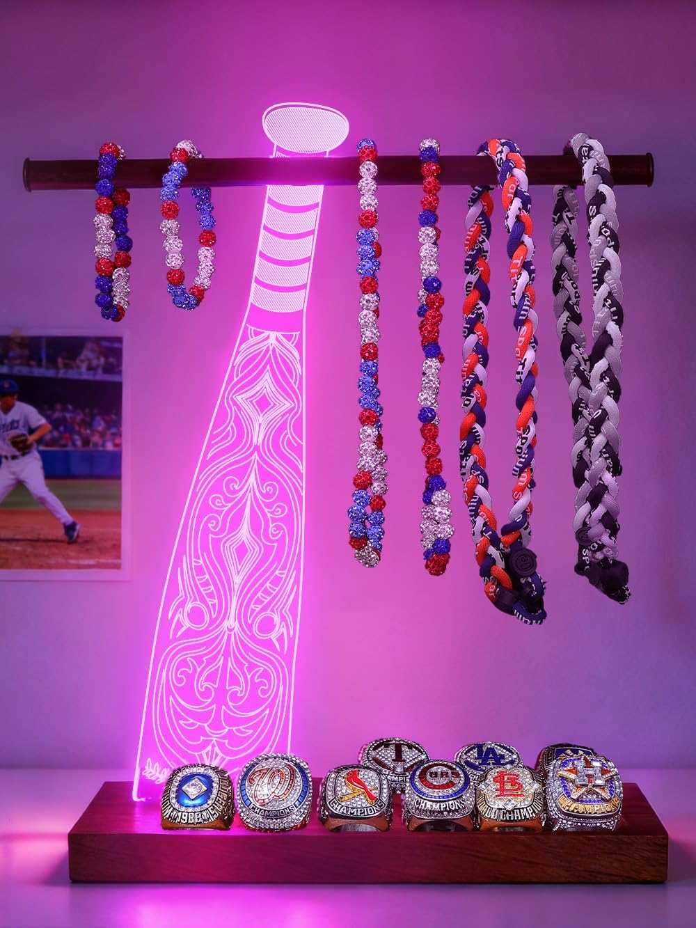 CoolGift Mart Light up Baseball Necklace Hanger and Championship Ring Display Stand, Acrylic Wooden LED Night Lamp with USB Powered, Gift for Baseball Softball Players Lovers image 2