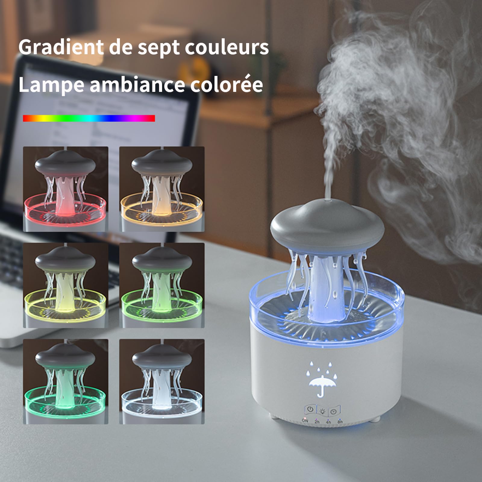 Humidificateur de Chambre à Coucher, Humidificateur de Méduse à Effet de Goutte d'eau 7 Couleurs, Diffuseur d'aromathérapie 300ml avec Télécommande et Minuterie, Cadeaux Amusants (Blanc)