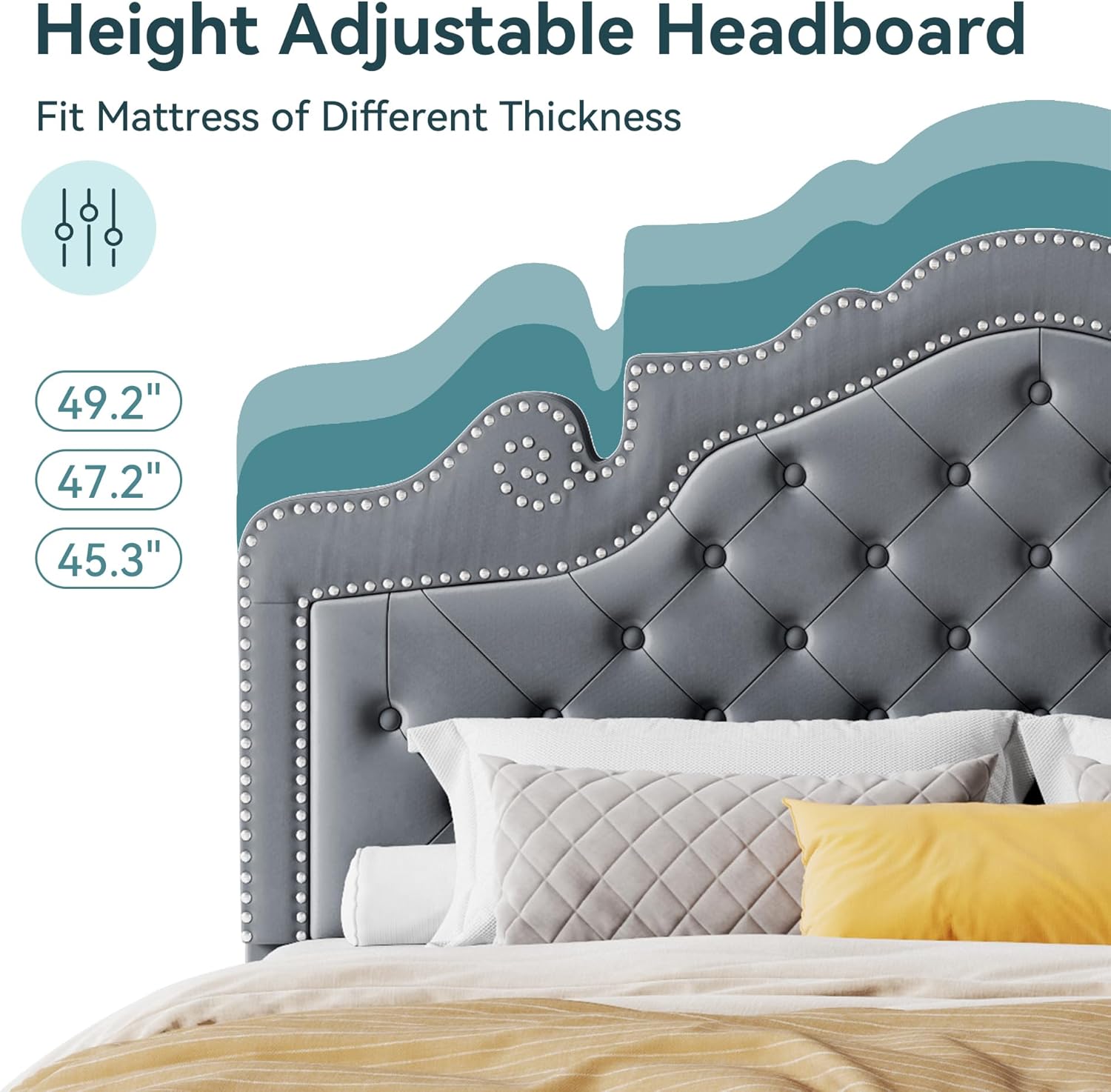 HOOMIC King Size Bed Frame with Adjustable Velvet Tiara Headboard, Upholstered Diamond Button Tufted Platform Bed, Wood Slats Support, No Box Spring Needed, Grey