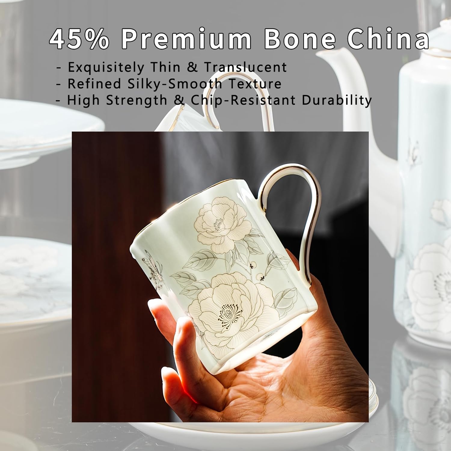 Floral Tea Cup and Saucer Set, Bone China Cup and Saucer with Spoon, Elegant Porcelain Coffee Cup with Gold Trim, Food Grade Coffee Mug for Women, Tea Party, Gifts Giving, 8.5 oz