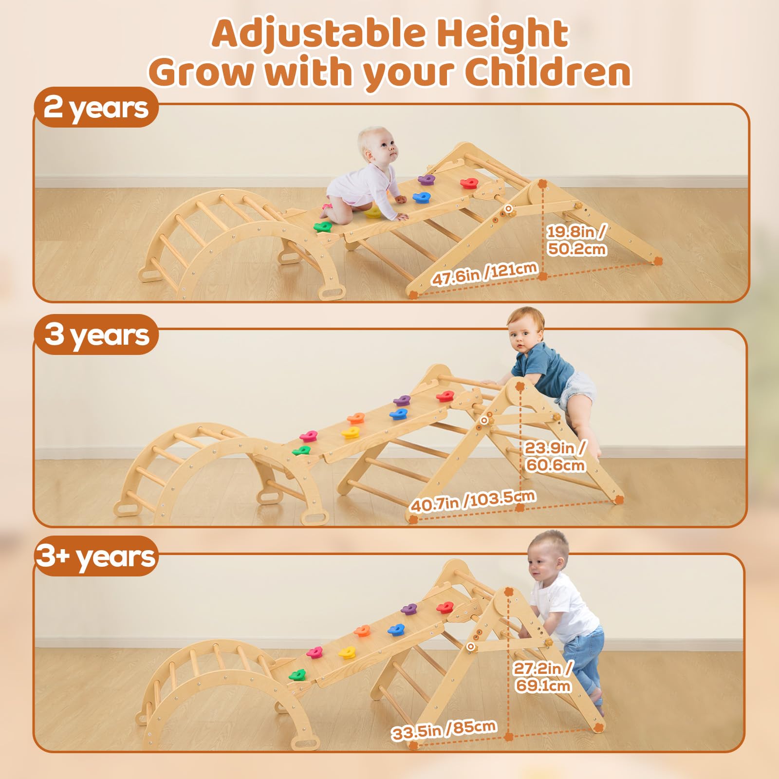 FUNLIO Foldable Pikler Triangle Set, Montessori Climbing Set with Solid Wood for Toddlers 2-5 yrs, Adjustable 5-in-1 Indoor Play Gym with Arch/Slide/Climbing Rock/Triangle, Easy to Install-Medium Size