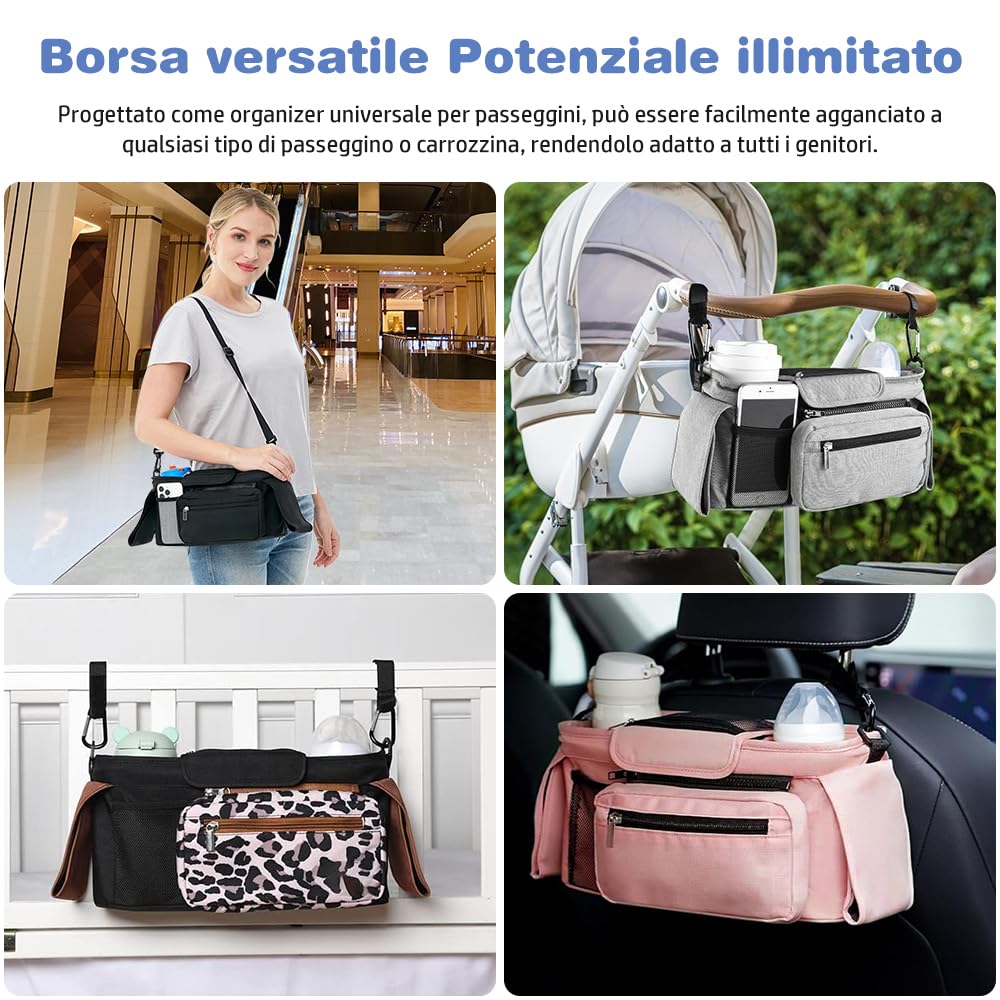 Organiseur de poussette pour bébé avec 2 porte-gobelets, organisateur de poussette avec bandoulière et 2 crochets sécurisés, accessoires de poussette avec poche zippée (noir)