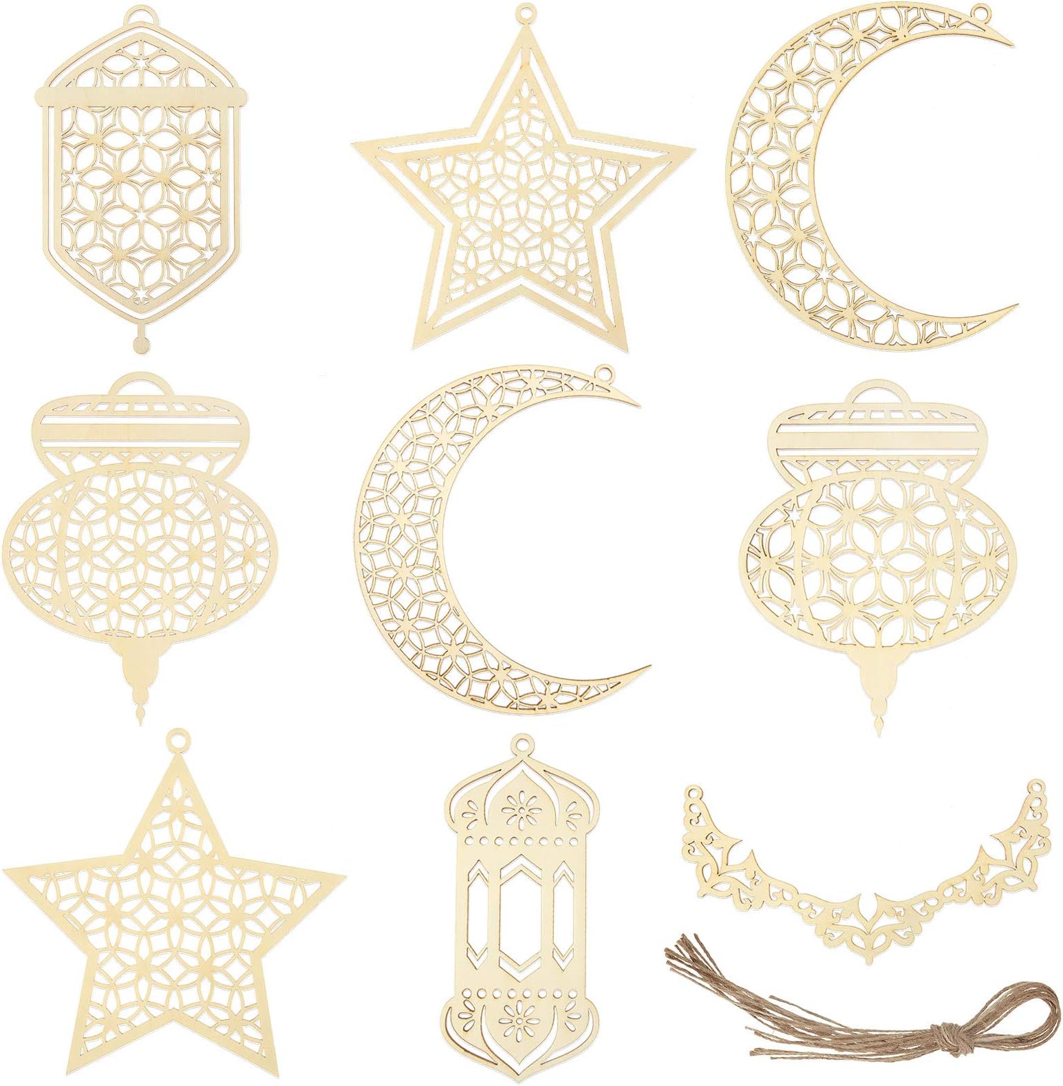 Jetec 9 Pieces Wooden Pendant Ornament Ramadan Kareem Hollow Decoration Moon Star Wind Light Shape Happy Eid Hanging Sign for Mubarak Party Decorations