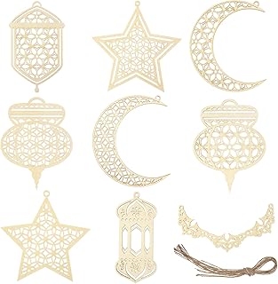 9 Pieces Wooden Pendant Ornament Ramadan Kareem Hollow Decoration Moon Star Wind Light Shape Pendant Ornament Happy Eid Hanging Sign for Ramadan Mubarak Eid Party Decorations