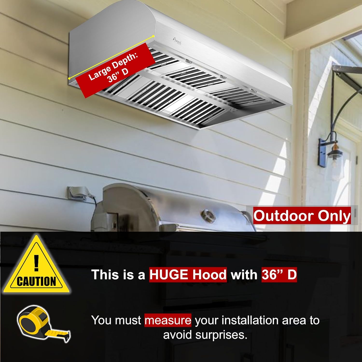 Awoco 48” Outdoor BBQ Vent Hood 17” High Type 304 Stainless Steel, 4 Speeds 2000 CFM, Dual Blowers, Adjustable LED Lights, 8” Round Top Vent