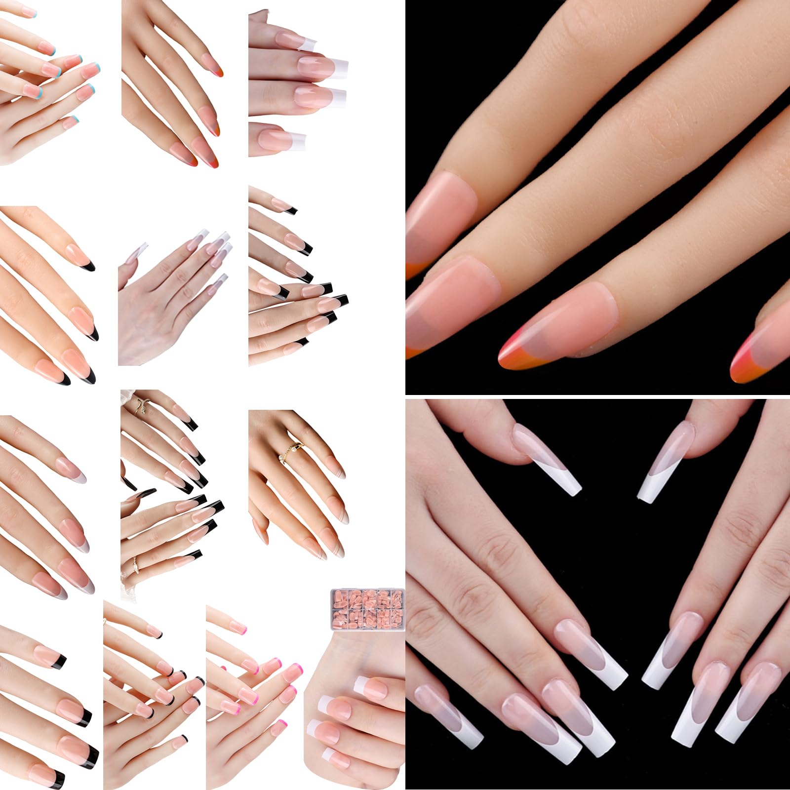 600 unidades por caja de uñas postizas con punta francesa, uñas artificiales a presión, cobertura completa, suministros de manicura
