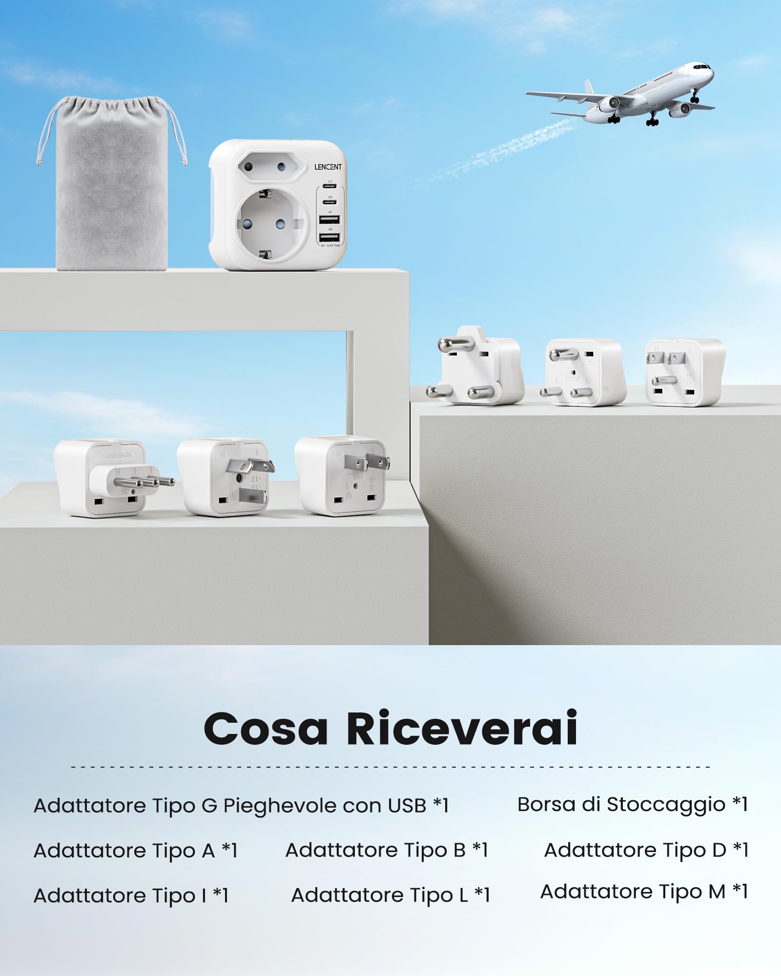 LENCNET Adattatore da Viaggio Universale, Spina Tipo A/B/G/D/I/L/M