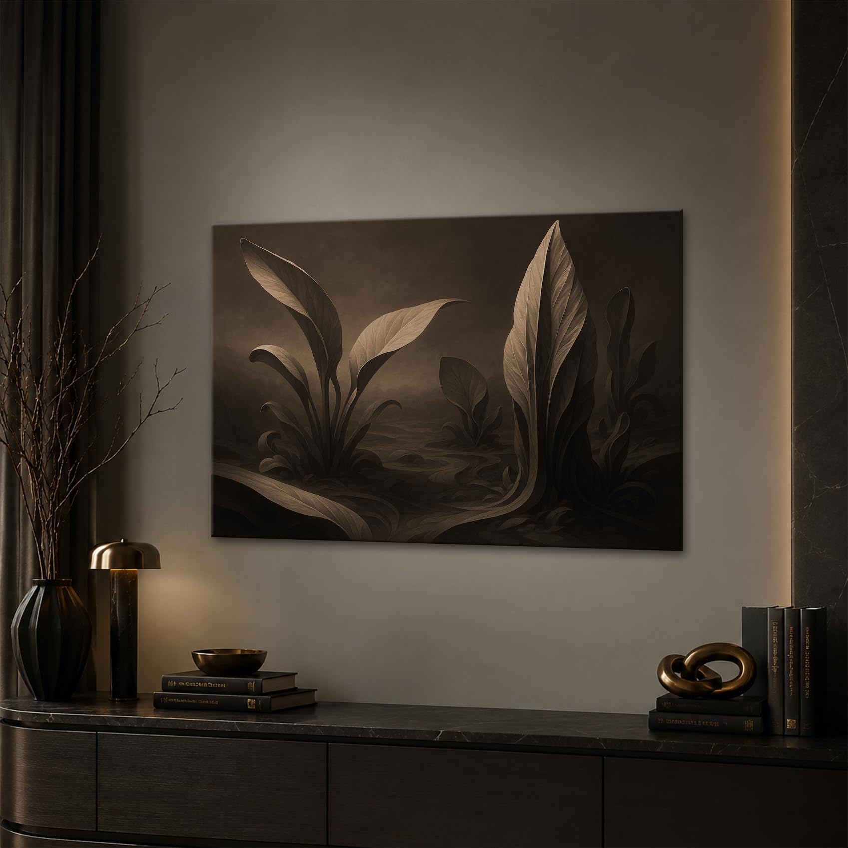 deyoli Obraz na płótnie ciemny las z dużymi liśćmi 100 x 70 cm Sepia