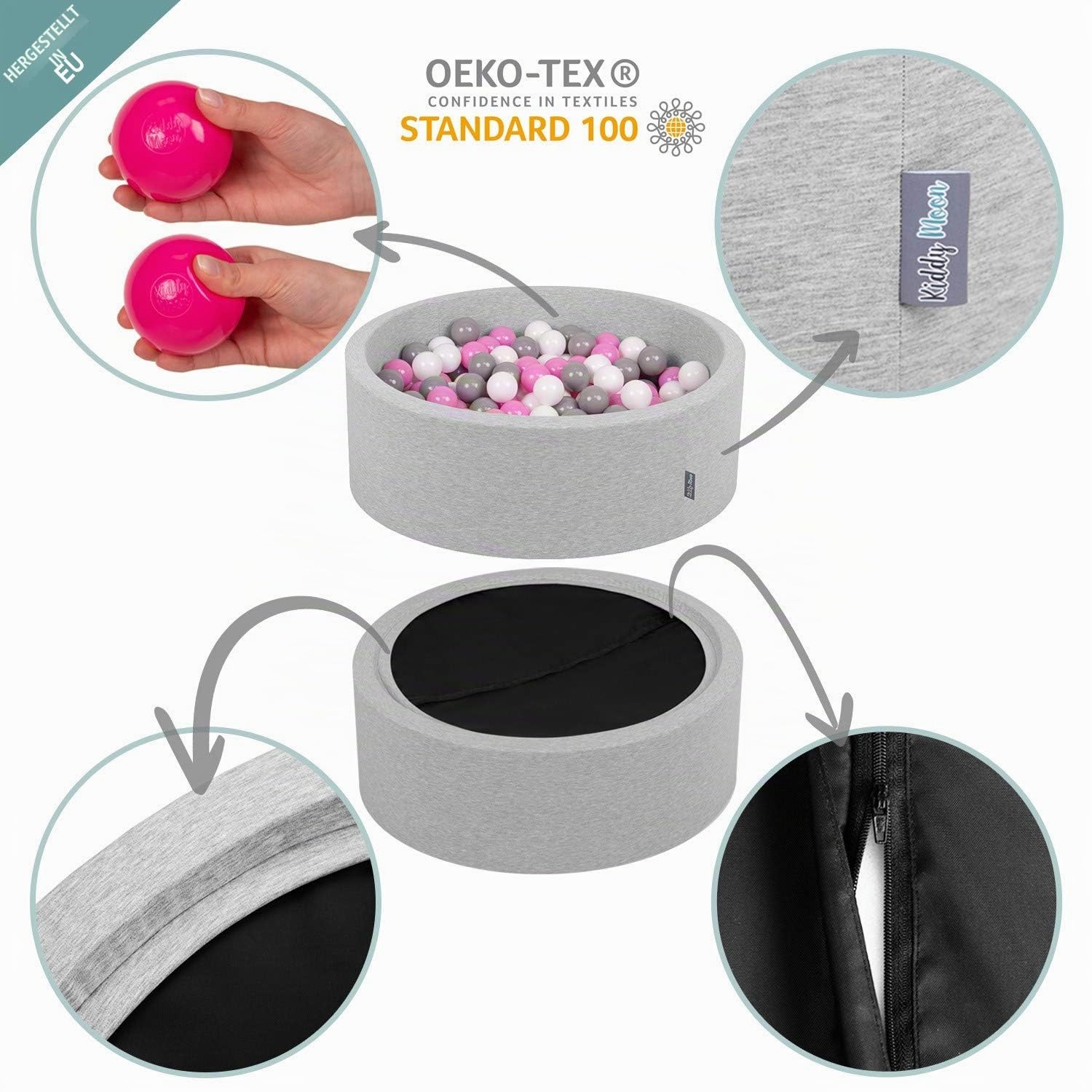 KiddyMoon Eckiges Viertel Bällebad 90x30 cm mit 200 Bälle 7 cm Schaumstoff Bällepool für Baby und Kleinkinder - Hellgrau: Weiß Grau Minze