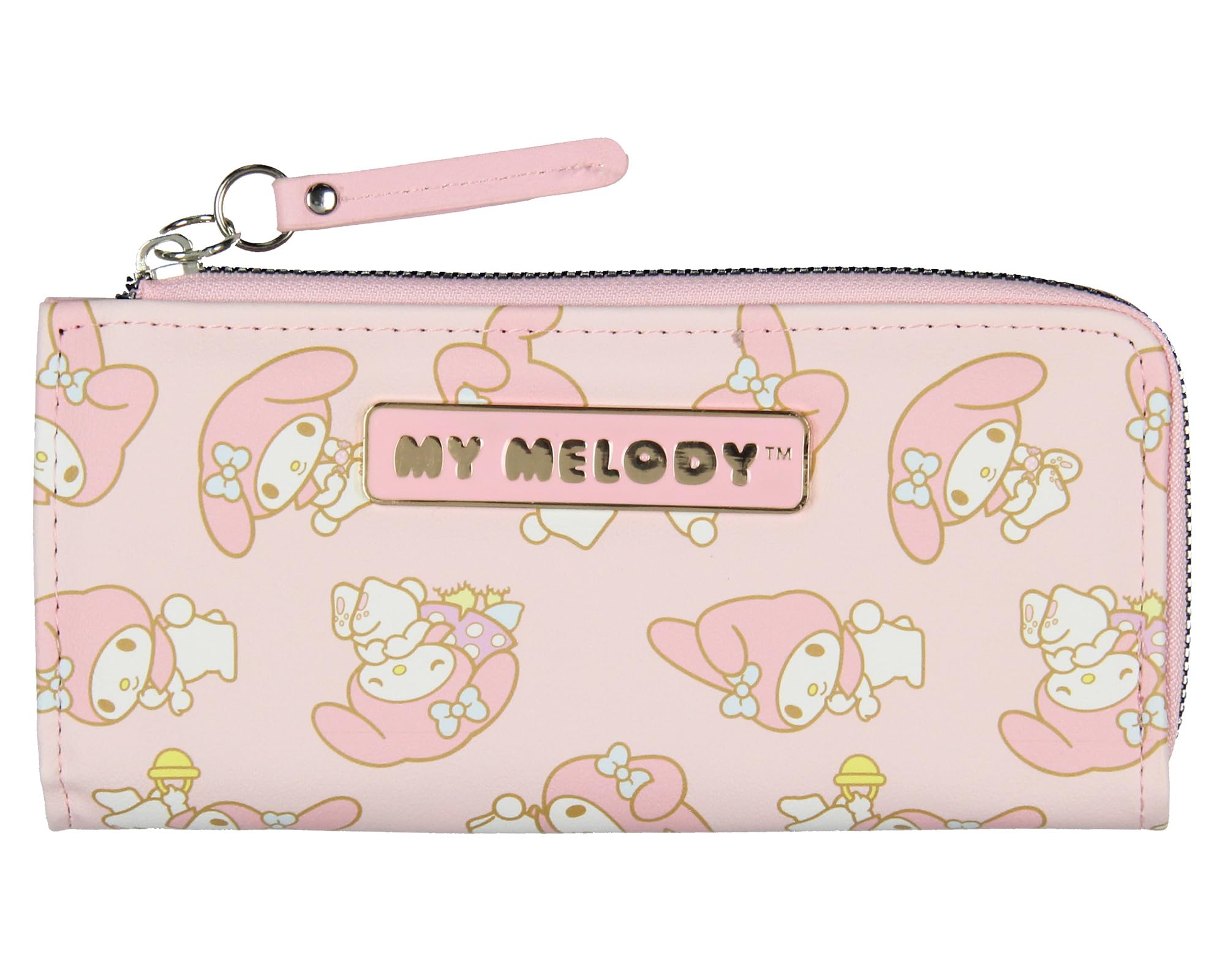 Sanrio Hello Kitty My Melody Allover Sweet Design Faux Leather Full Zip Wallet with Metal Logo Badge