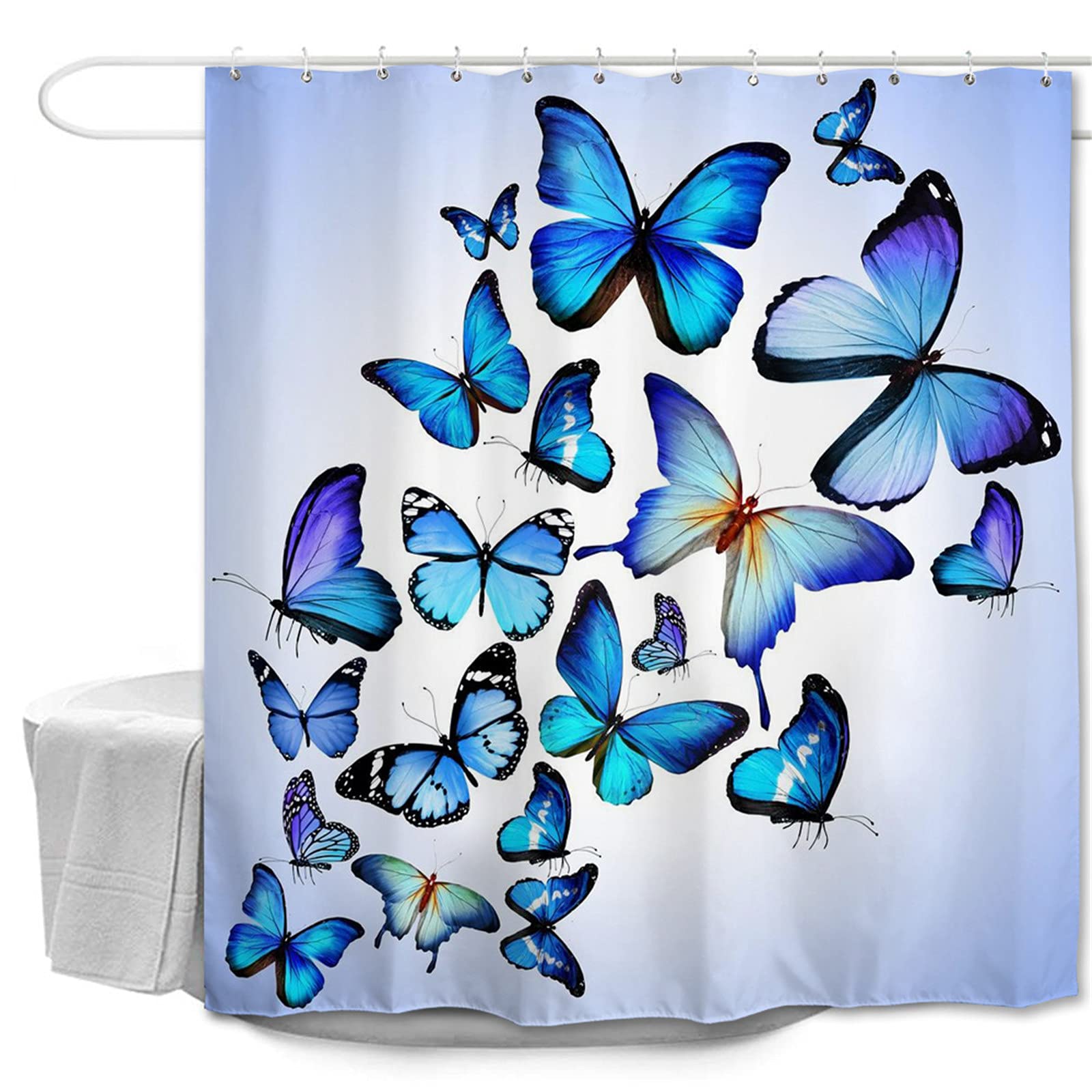 Oduo Blue Butterfly Shower Curtains Mould Proof Resistant Washable, 3D Butterfly Print Shower Curtains Waterproof Bath Curtain With 10-12 Hooks - Shower Curtain For Bathroom (120X180cm,)