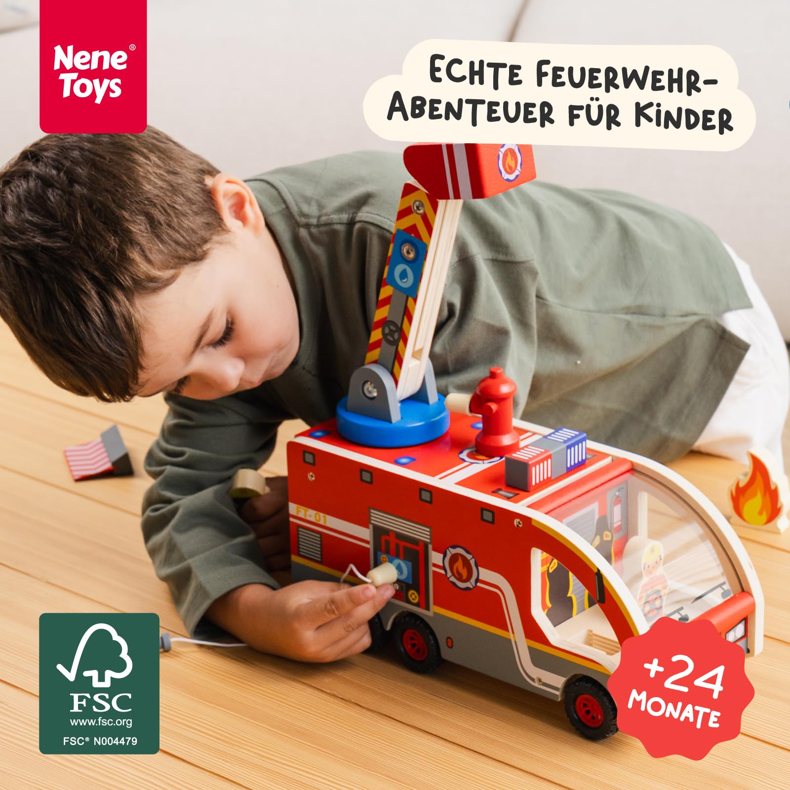 Nene Toys Holz-Feuerwehrauto für Kinder ab 2 Jahren – Feuerwehr Spielset mit 360° drehbarer Leiter & Korb, magnetischen Schläuchen, 3 Feuerwehrmännern & Dalmatiner – FSC-zertifiziertes Holzspielzeug