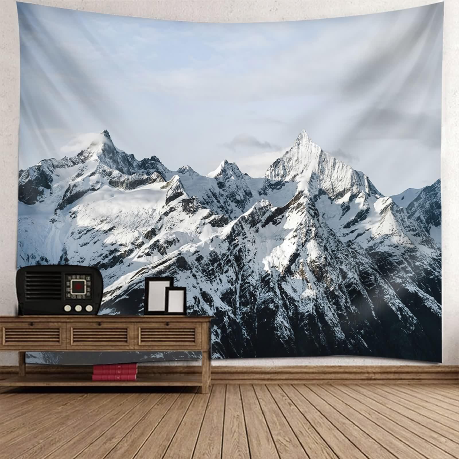 Wandteppich XXL Landschaft, Wall Tapestry Vintage Schneeberg Weiß Schwarz Polyester Deko 300x256cm