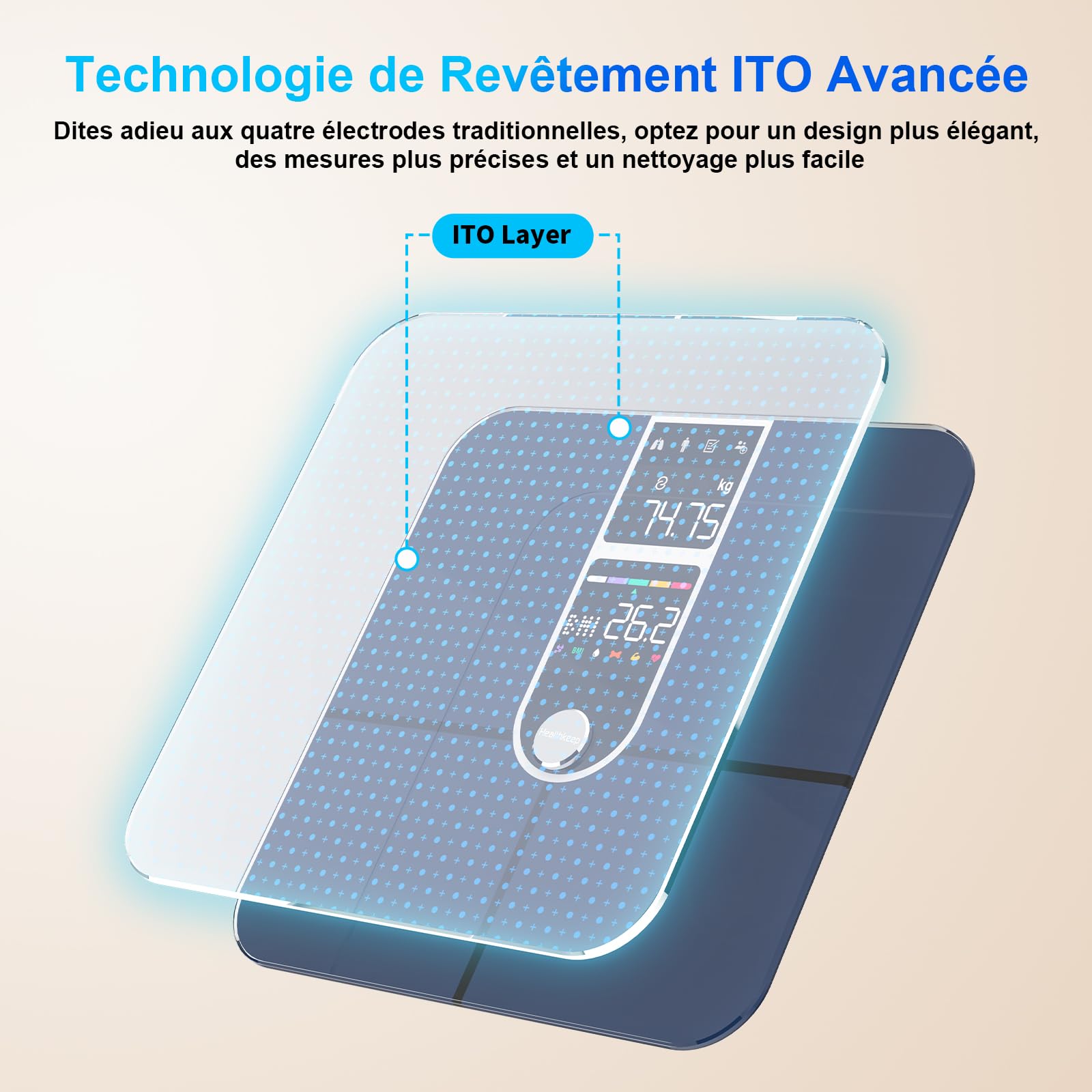 Healthkeep Pèse Personne Balance Connectée Bluetooth Avec 2 Écrans VA et Technologie de Revêtement ITO, 16 Données Corporelle avec Fréquence Cardiaque APP pour Andriod et iOS 180kg/400lb, Argenté