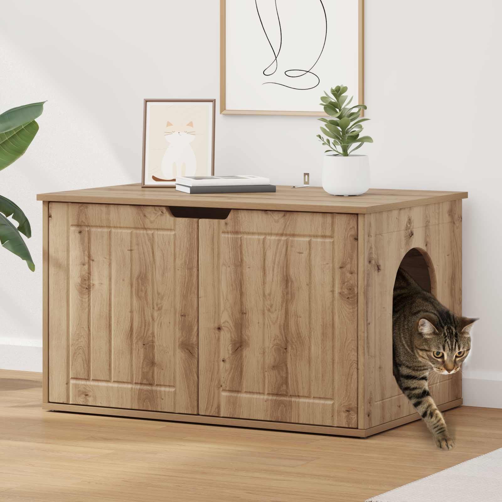 Casetta per gatti in legno di rovere, 85 x 55 x 50,5 cm, per interni con kit di montaggio, struttura stabile, moderno rifugio per gatti