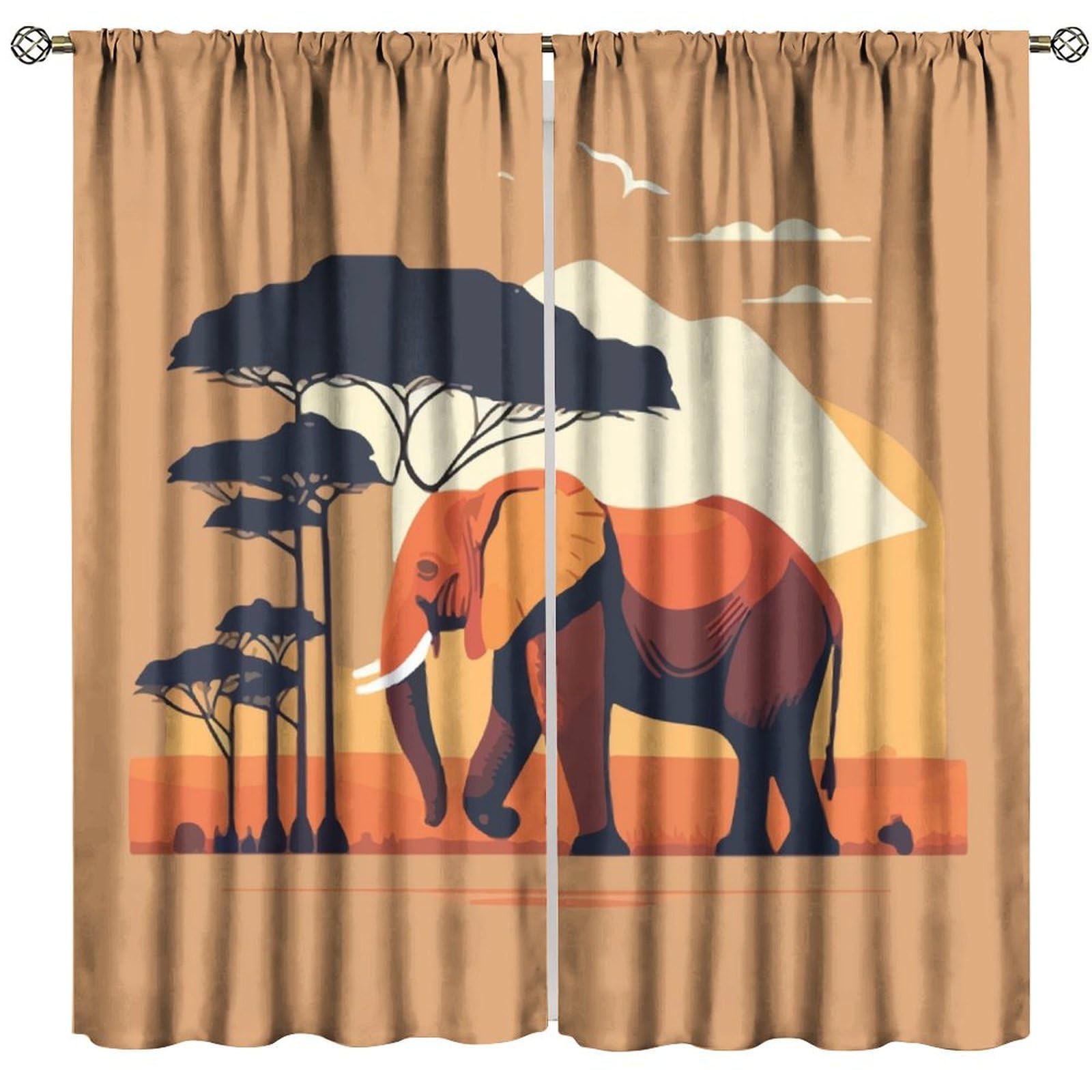 BenYaSong African Elephant Blackout Window Curtains African Elephant in The Savanna Style Print Drapes for Home Kitchen Livingroom Coffee Room Window Curtain 2Panel 52" W X 96" L