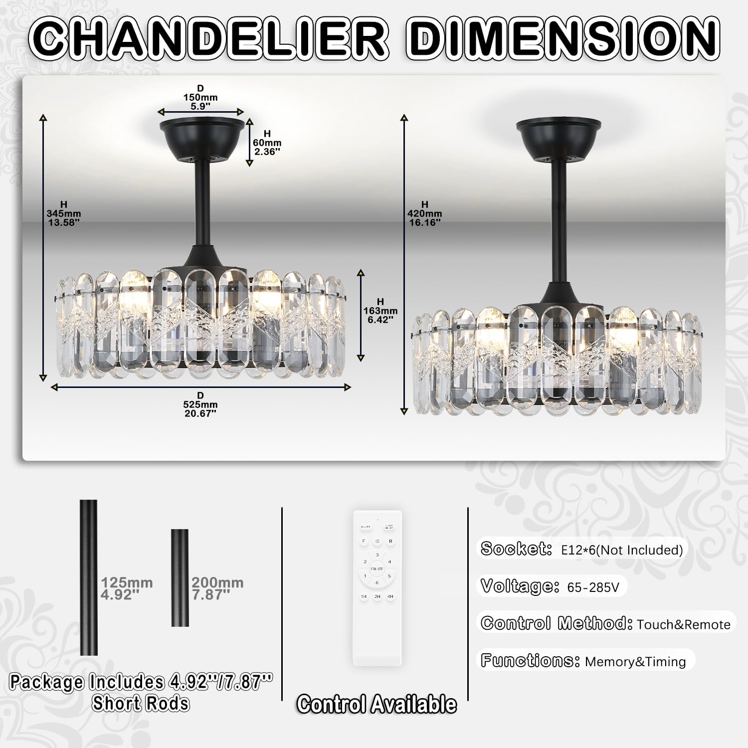 Finktonglan 20 Inch Black Caged Ceiling Fan with Light, Modern Chandelier Ceiling Fan with Lights Remote Control, Adjustable Crystal Fandelier 6 Speeds for Dining Room, Living Room