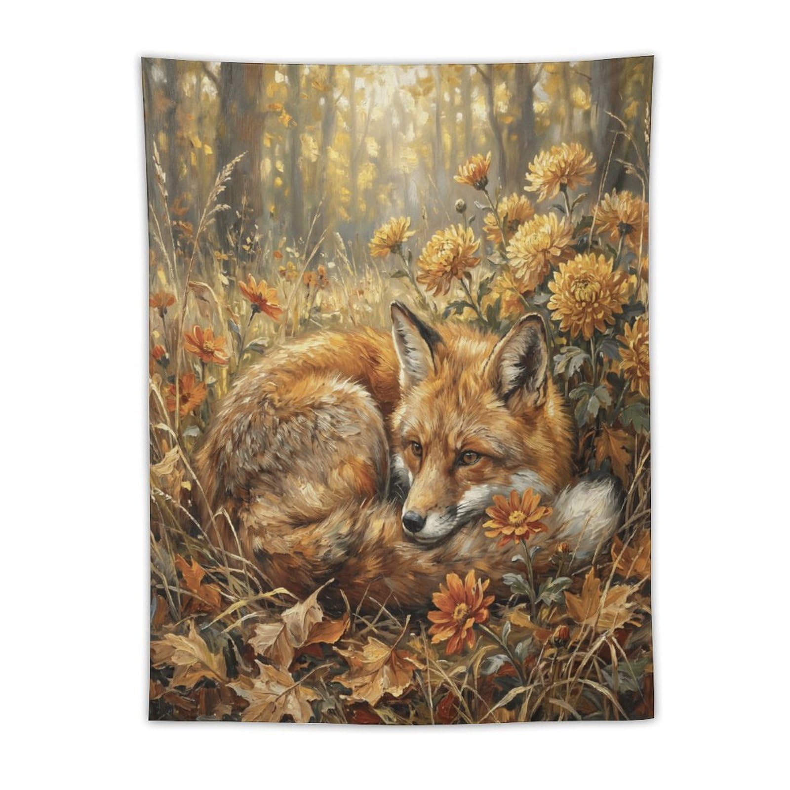 W7C8U2X3 Autumn Fox Flower Field Wall Tapestry, Ceiling Hanging