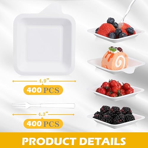 Miniatura 2 de Eaasty Juego de 800 platos cuadrados blancos de 4 x 4 pulgadas y tenedores de plástico transparente de 4.3 pulgadas, platos de postre, platos