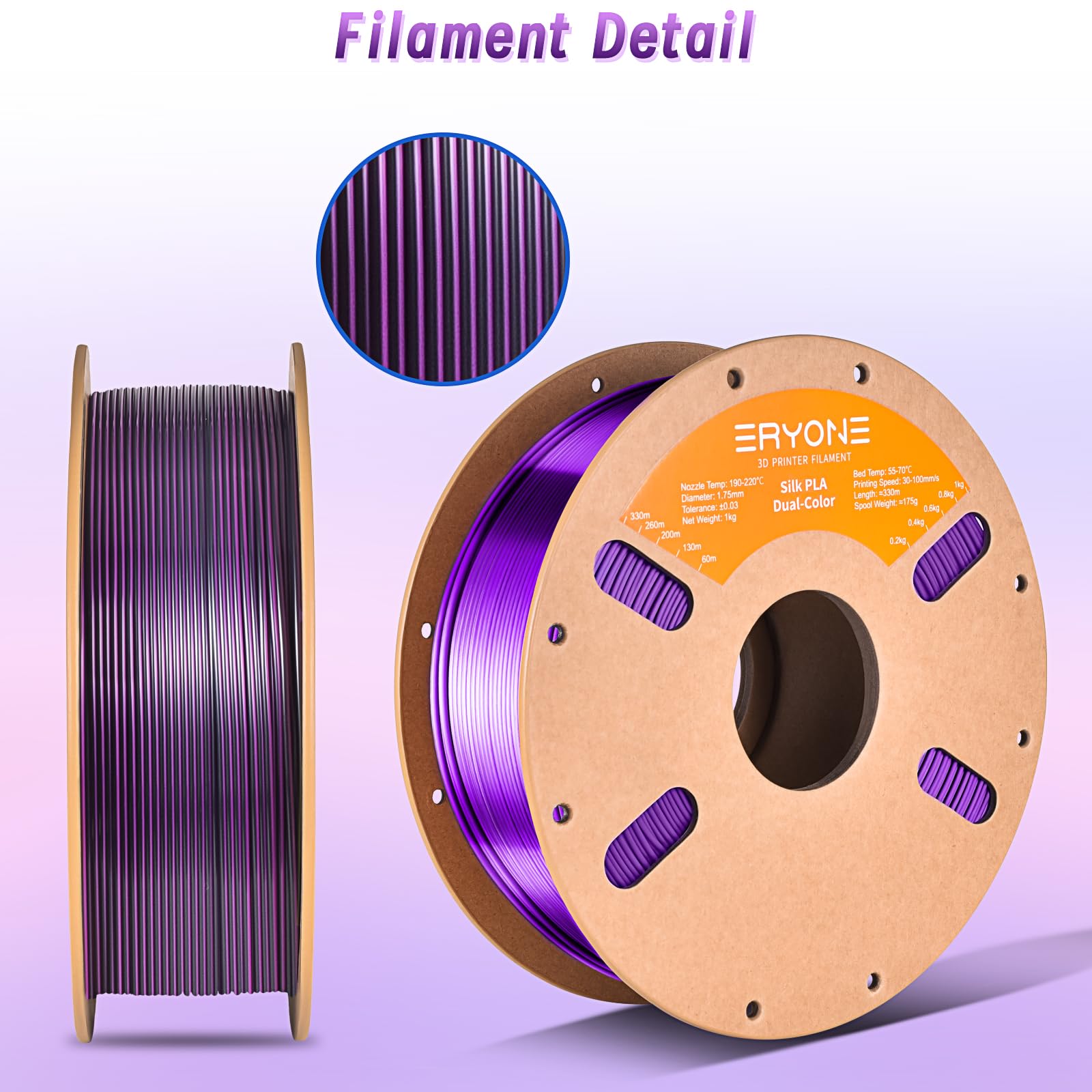 ERYONE Silk Bicolor Filamento PLA 2 kg Impresora 3D 1,75 mm +/- 0,03 mm Seda Coextrusión PLA Filamento Brillante Lote de 2 bobinas de cartón de 1 kg (2,2 LB) Seda Negro y Púrpura