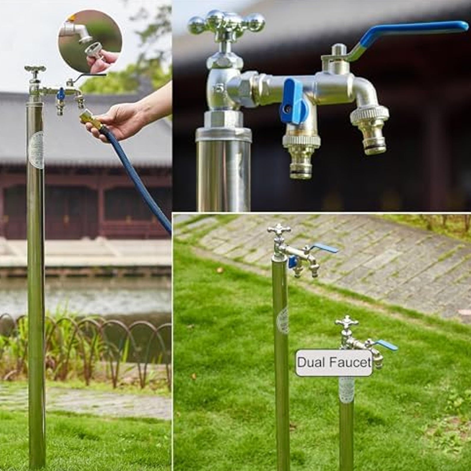 Colonne Verticale Cylindrique en Acier Inoxydable, Robinet d Jardin Résistant, Colonne d'eau de Jardin Autoportante avec Double Robinet, Borne d'eau Extérieure Antigel(80cm/31in)