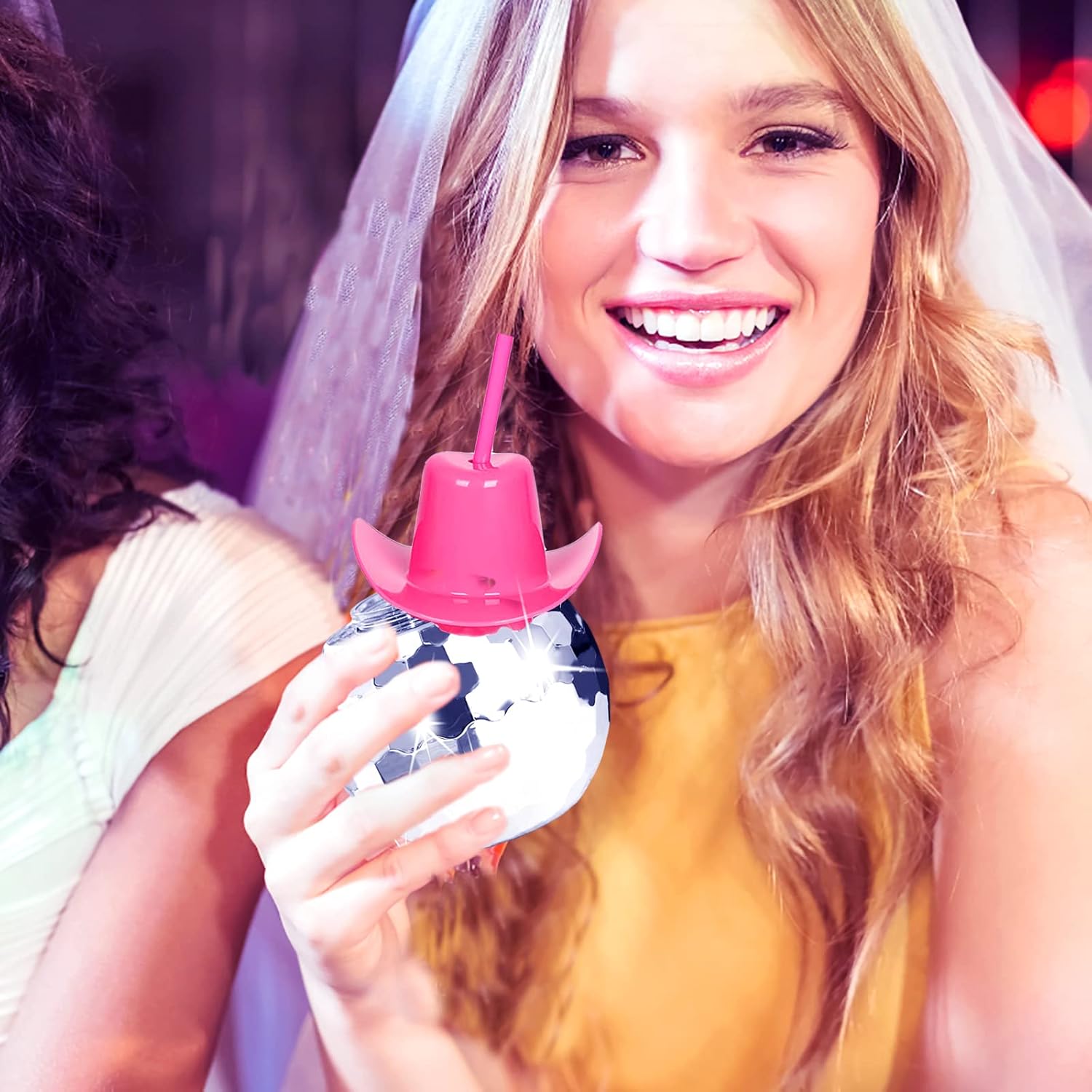 Disco Ball Cups,6 Pcs Silver Disco Cups with Cowboy Hat Lid and Straw, Sparkly Glitter Disco Ball Tumbler Pink Western Cowgirl Hat Disco Ball Cocktail Cup for Party Supplies - Image 4