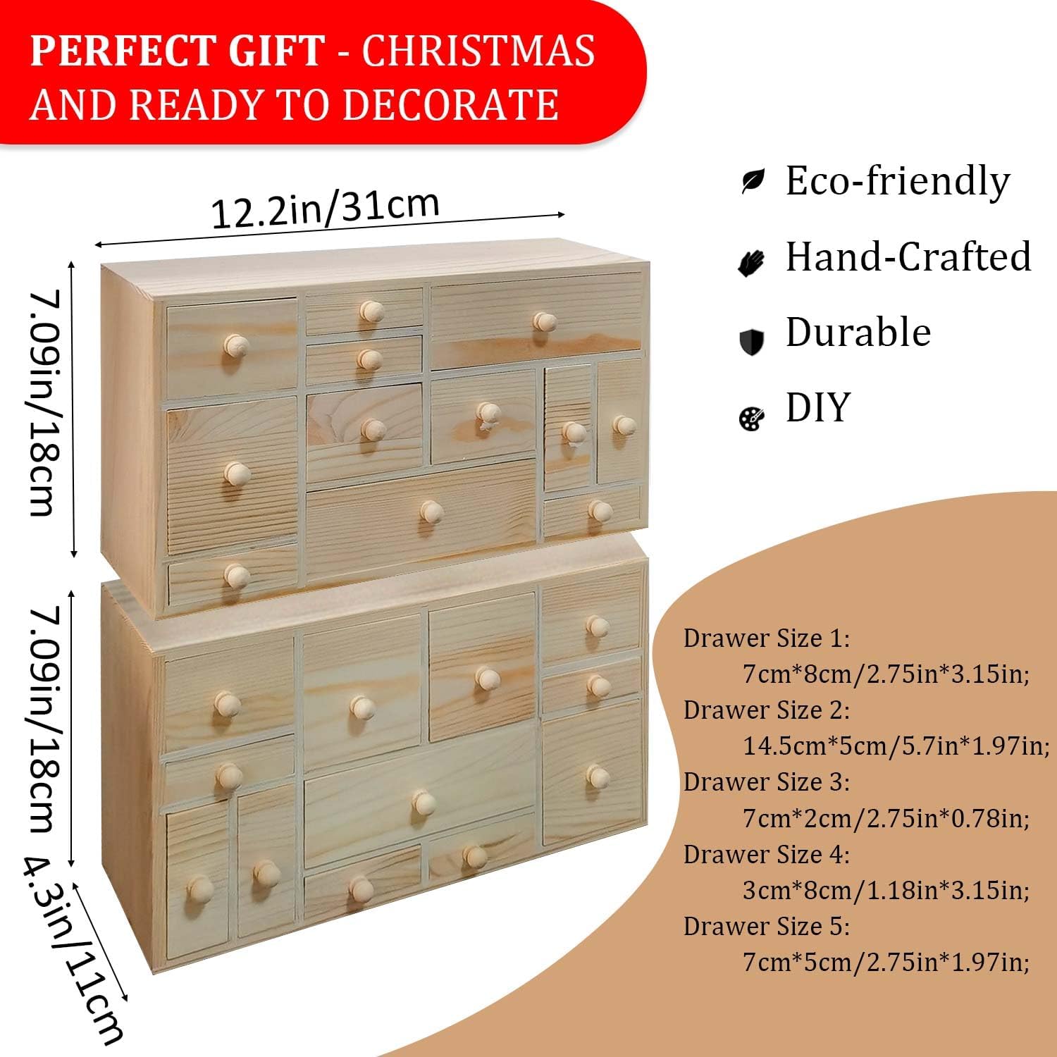 Wooden Countdown to Christmas Advent Calendar, Storage Organizer with 24 Drawers, Jewelry Box, Desktop Organizer, DIY Unfinished Wood Set of 2 Refillable Wooden Advent - Image 2