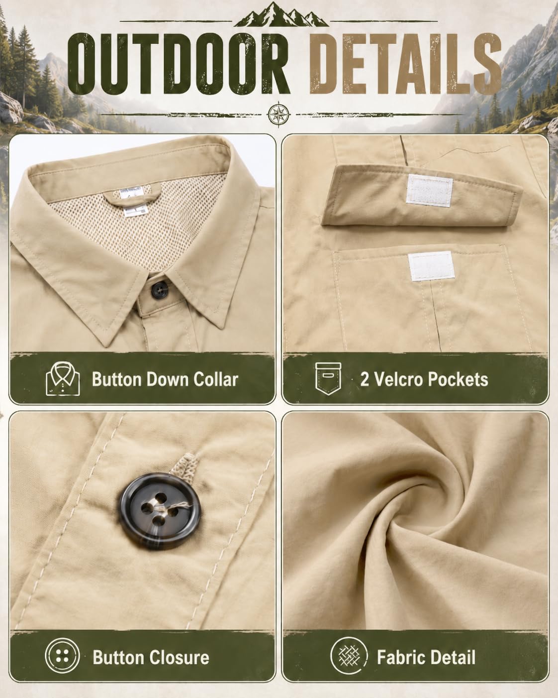 AMZSPORT Camicia da Uomo Funzionale A Maniche Traspirante con Bottoni Escursionismo Outdoor Protezione UV per Esterni, Sport, Tempo Libero, Pesca