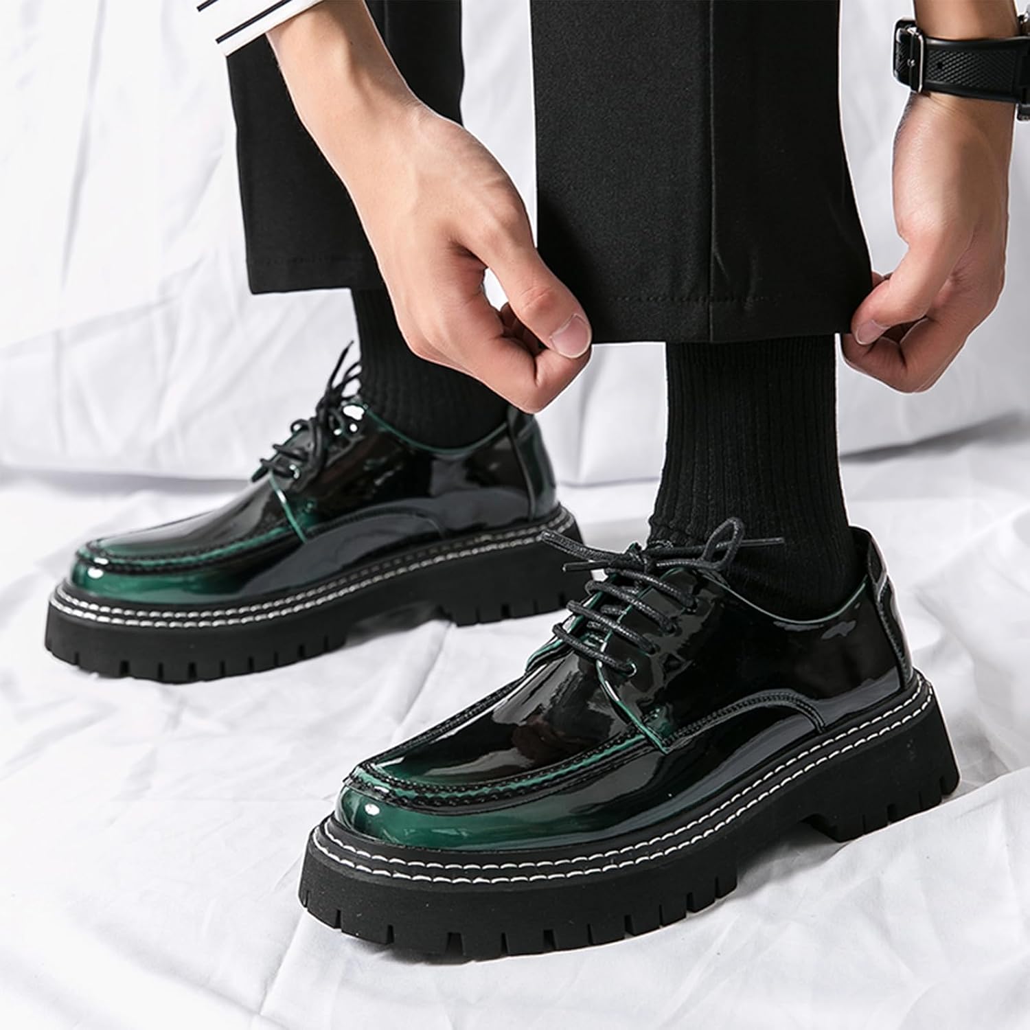 Men's Patent Platform Leather Classic Oxford Shoes Round Toe Lug Sole Non-Slip Lace-Up Business Leather Shoes Fashionable Work Formal Oxfords - Image 3