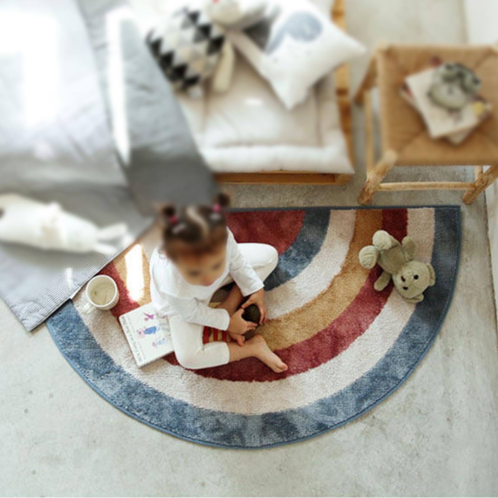 Tappeto Semicircolare, antiscivolo, lavabile,Arcobaleno multicolore geometrico blu rosso arancione bianco,Tappeto Camera da letto, Camera dei bambini, Colourful,80 x 160 cm