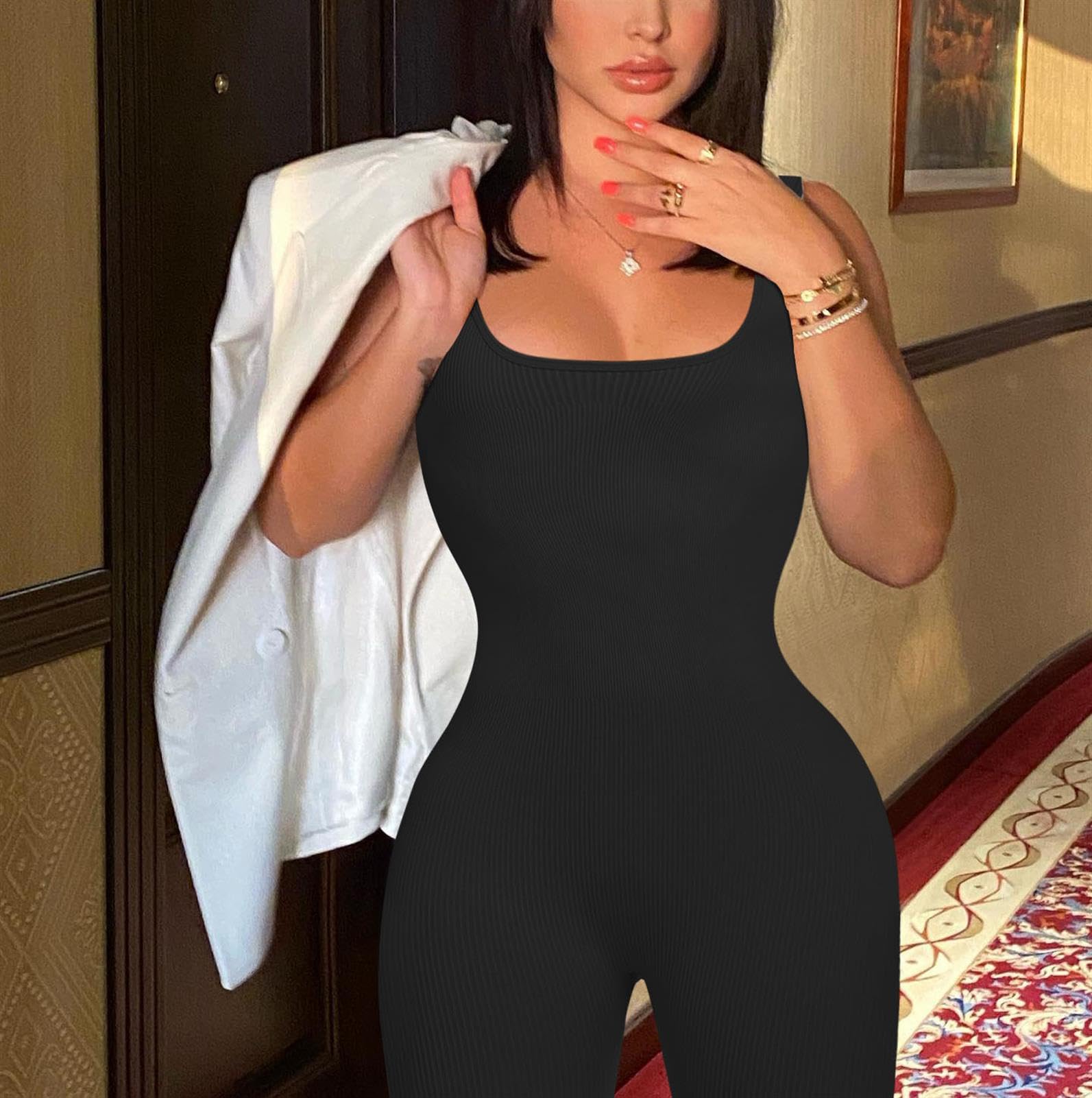 hixswnu Traje de Yoga para Mujer Mono Sexy Cuello Cuadrado Manga Larga Leggings de Longitud Completa Bodycon Stretch Ropa Deportiva,Negro,L
