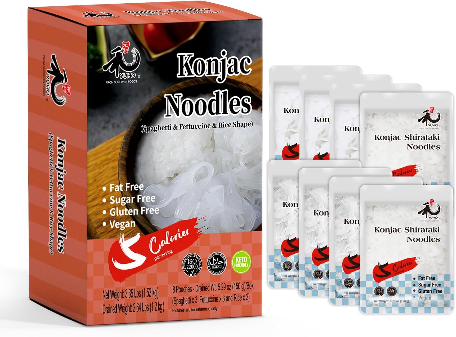 YUHO Konjac Shirataki Noodles Variety Spaghetti Fettuccine Rice Pasta Keto Ready to Eat Vegan Gluten Free Low Carb Calorie Sugar Free Plant-Based Noodle, 8 Pack, 53.61 Oz