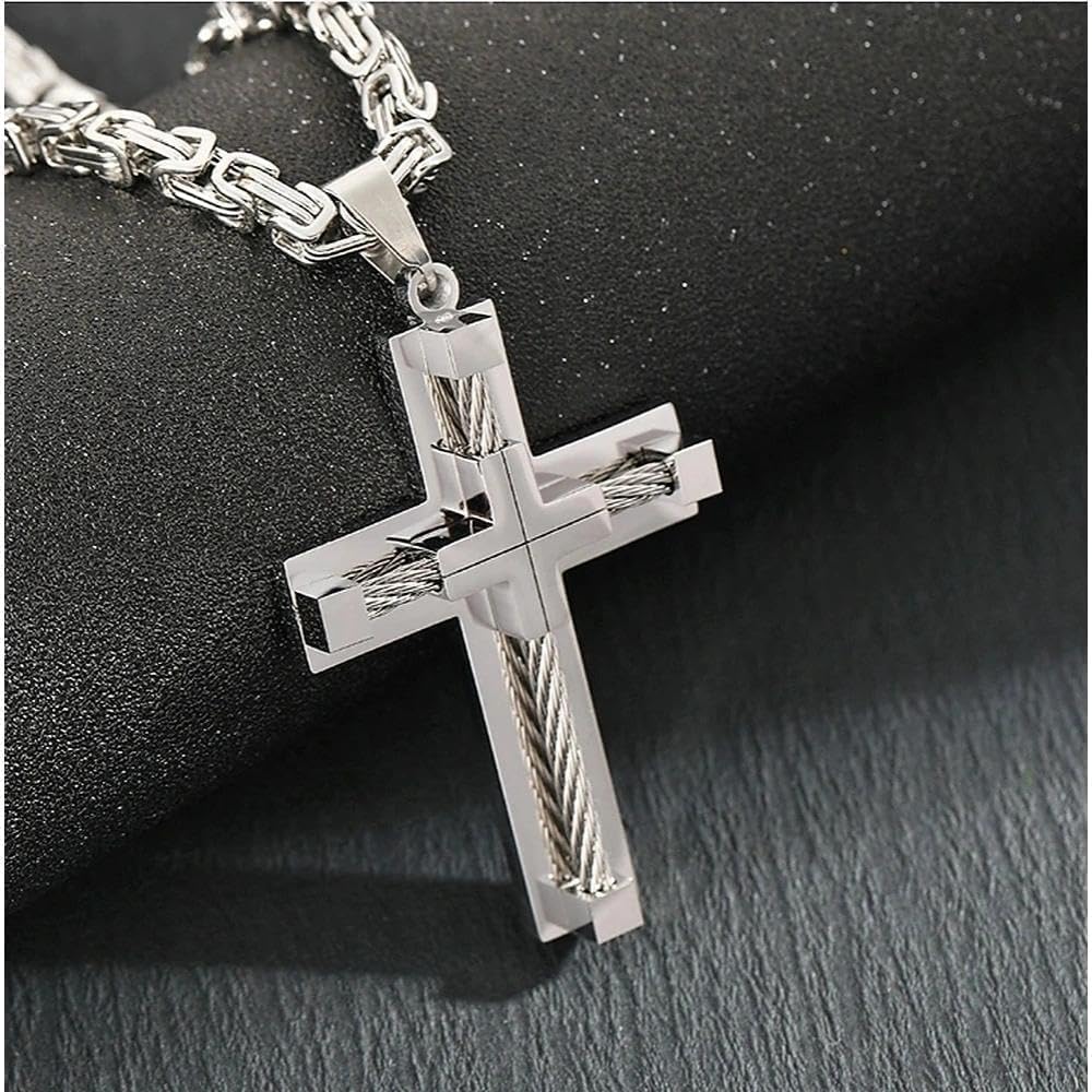 Silver 316L Stainless Steel Cross Necklace For Men, Byzantine Chain Necklace with Chunky Cross Pendant, Crucifix Catholic Christian Jewelry for Men - Image 2