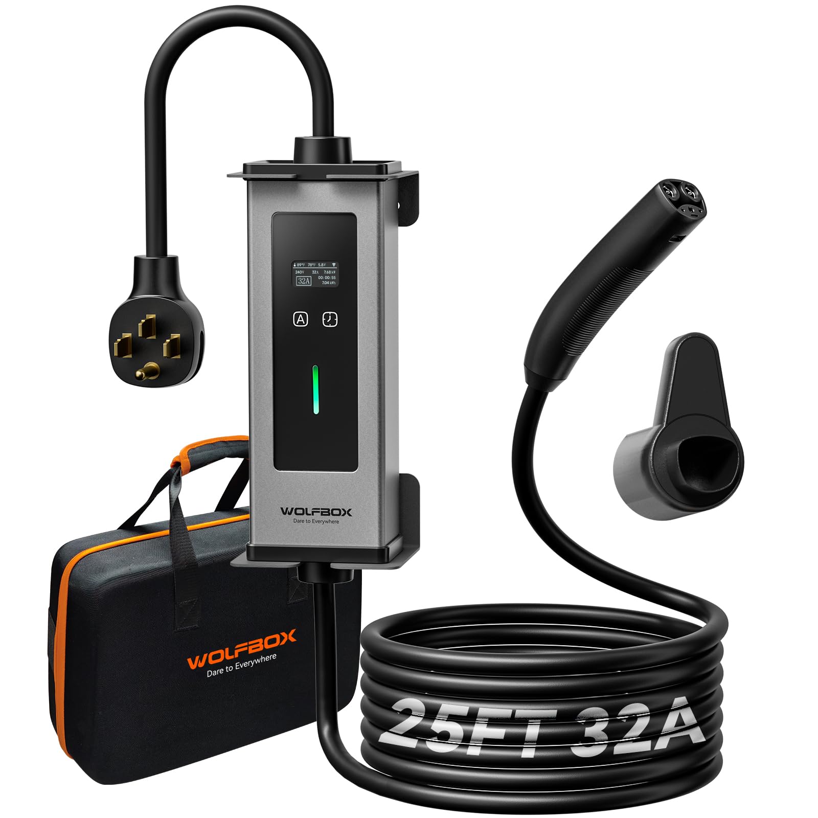 WOLFBOX Level 1&2 Tesla Charger 32A,Portable ev Charger Station with ETL Certified,25FT Cable,NACS,208V-240V,NEMA 14-50R Plug Adapter(PE32T)