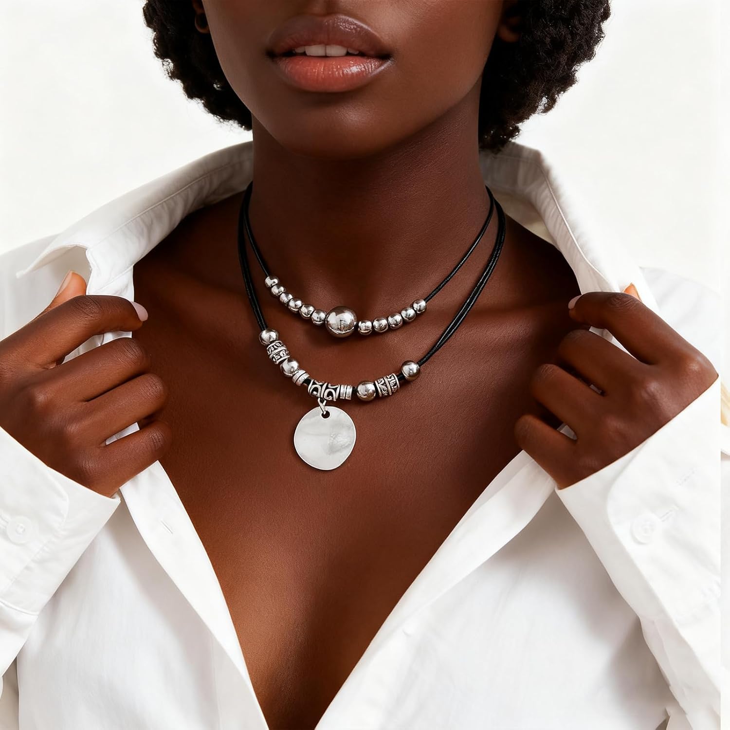 Slip Chain Necklace for Women Gothic Stainless Steel Bar Pendant Cuban Link Necklaces Adjustable Goth O Ring Long Necklaces Punk Rock Collar Choker Trendy Lariat Y Necklace - Image 3