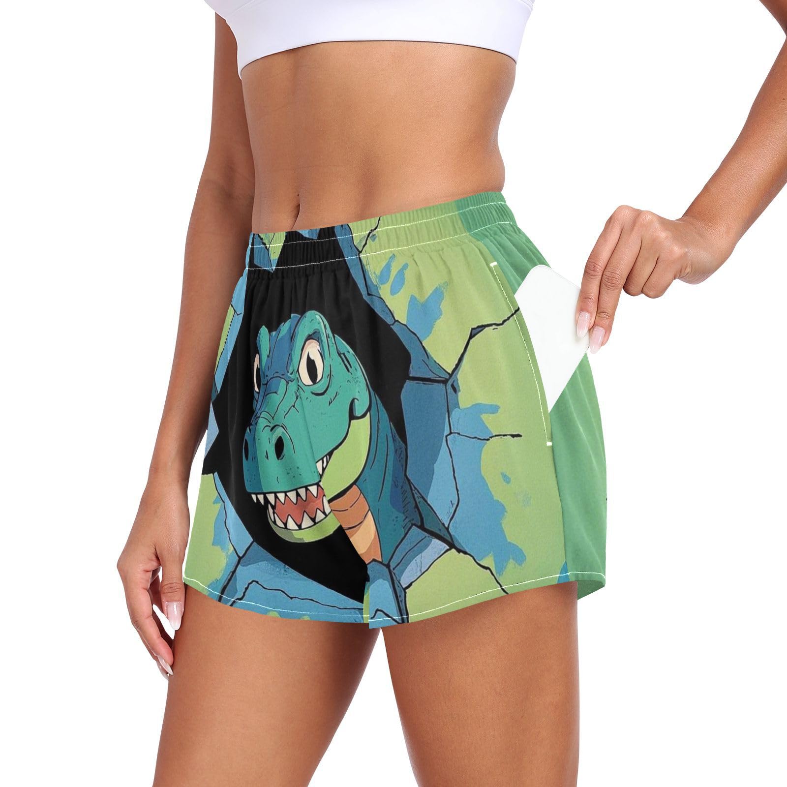 EtherSpher Funny Cartoon Wall Dinosaur Women's Athletic Shorts Elastic Waisted Teens Yoga Shorts for Biking Surfing Vacation Swim Party Short para Mujer L