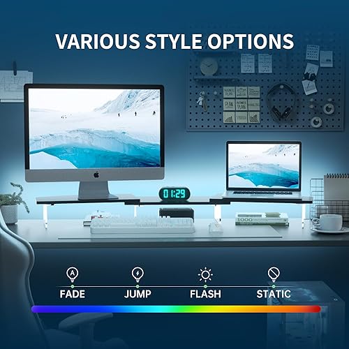 Miniatura 3 de Soporte elevador LED de doble monitor para 2 monitores, soporte de madera de escritorio de oficina, longitud y ángulo ajustables, 3 estantes,