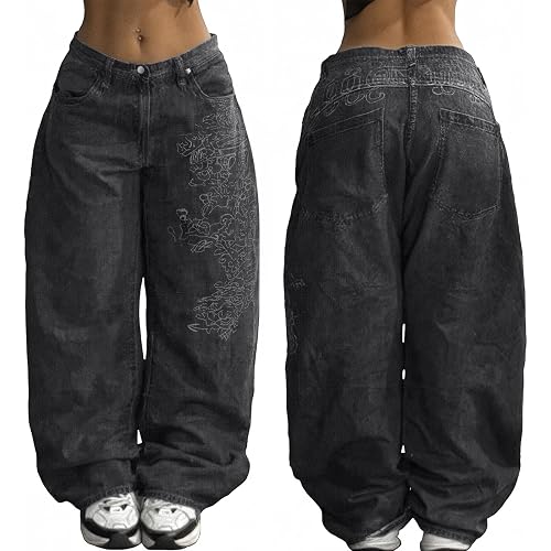 EMMIOL Women Boyfriends Hip Hop 90s Vintage Baggy Jeans Loose Denim Pants Mid-Low Waist Jeans