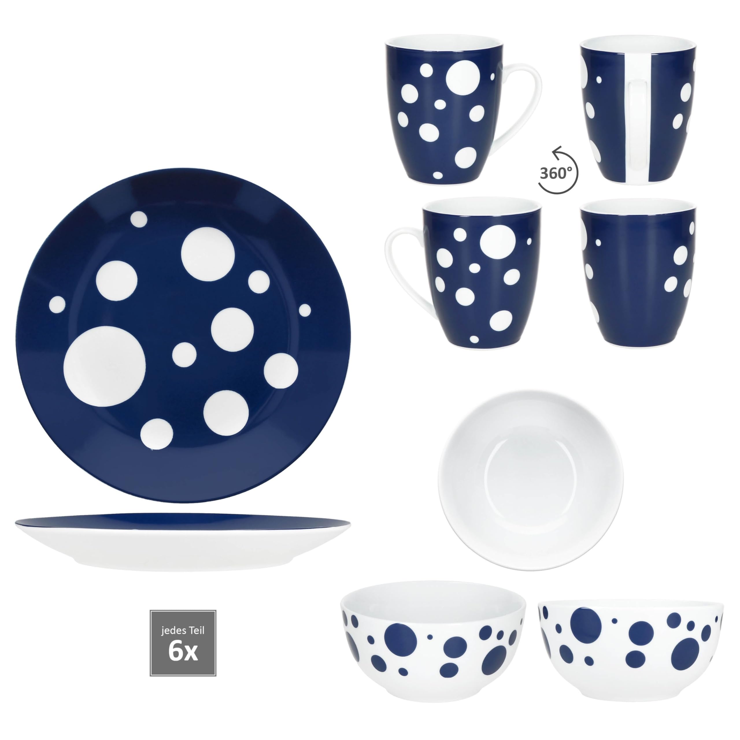 MamboCat Pula niebieski 18-częściowy zestaw śniadaniowy, 6 talerzy do ciasta, miseczek na musli 400 ml i kubki do kawy 300 ml z porcelany, dla 6 osób, dekoracja w niebieskie kropki, śniadanie i brunch
