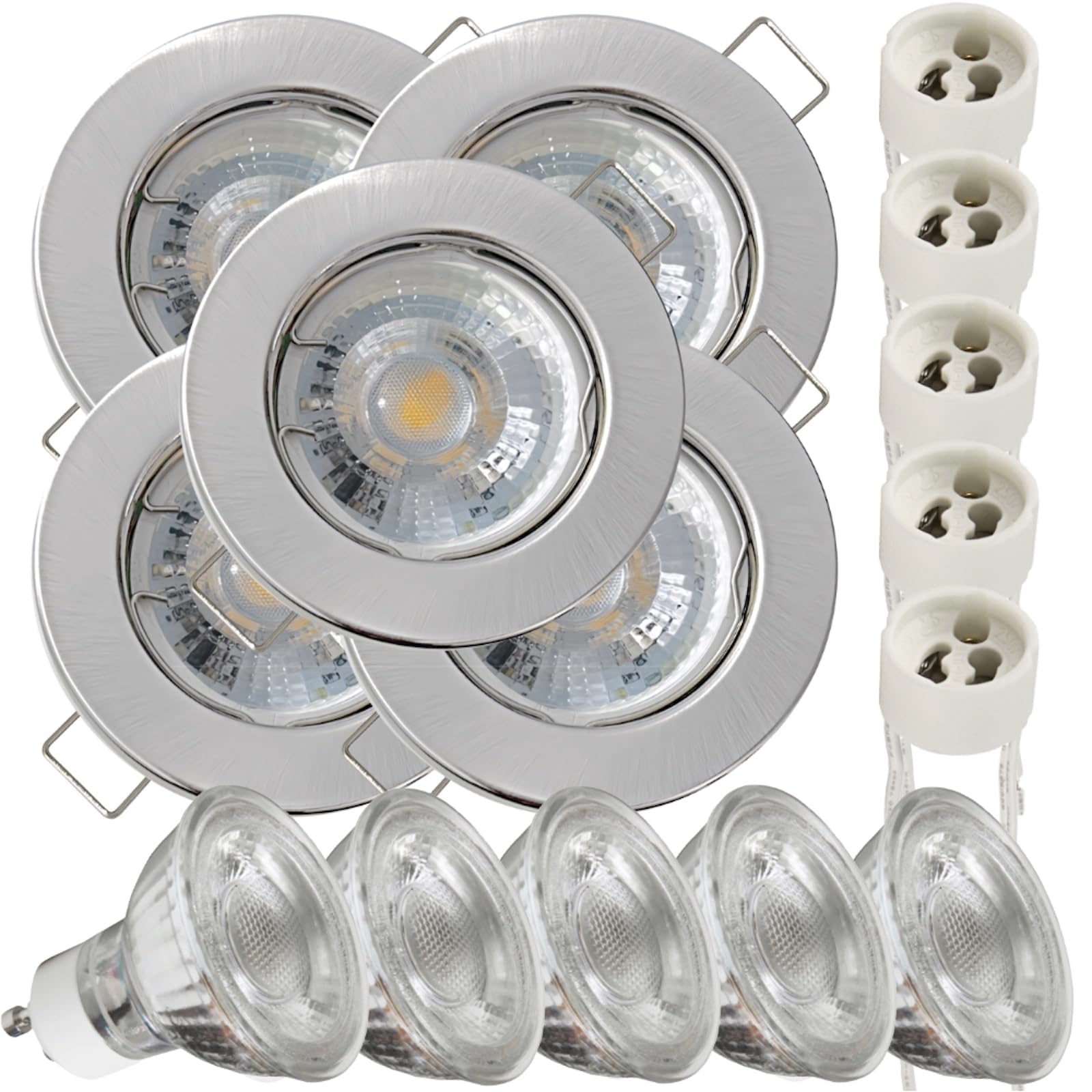 LED Einbauleuchte TOM 230V – 5er Set mit GU10 Fassung & LED Leuchtmittel, 5W Neutralweiß 4000K, Ø80mm, Edelstahl-Optik, starr, Lochmaß Ø55–65mm – Deckenmontage in Flur, Küche, Wohnzimmer
